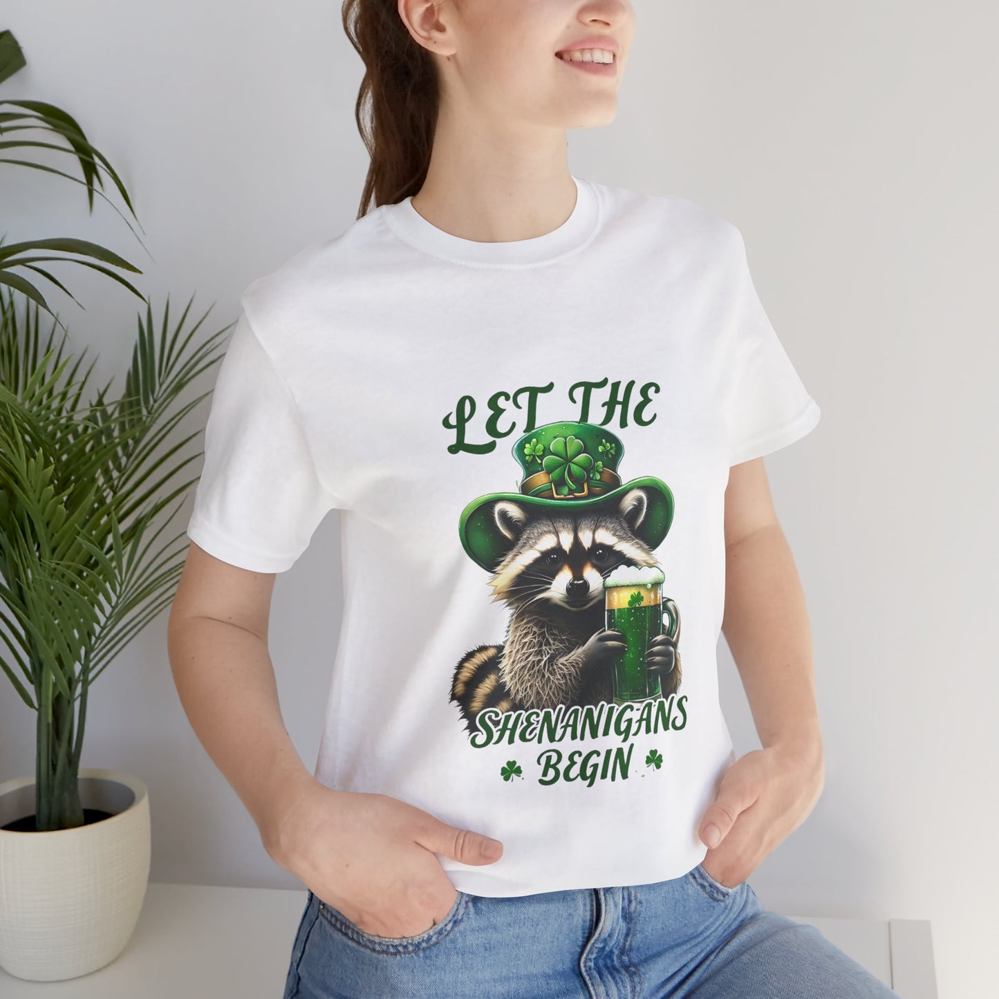 St. Patrick's Day Raccoon T-Shirt - Let the Shenanigans Begin, Unisex Tee for Celebrations, Funny Gift, Party Wear, Holiday Shirt