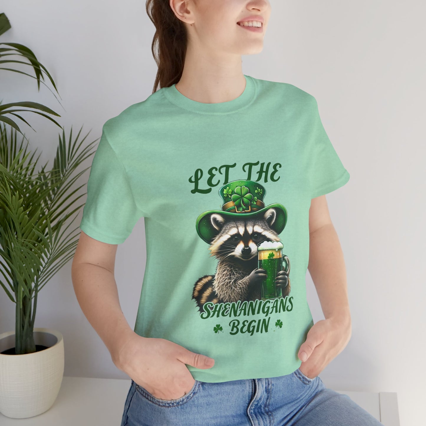 St. Patrick's Day Raccoon T-Shirt - Let the Shenanigans Begin, Unisex Tee for Celebrations, Funny Gift, Party Wear, Holiday Shirt