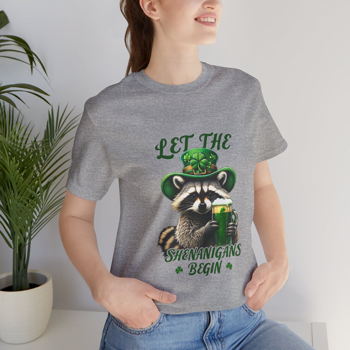 St. Patrick's Day Raccoon T-Shirt - Let the Shenanigans Begin, Unisex Tee for Celebrations, Funny Gift, Party Wear, Holiday Shirt