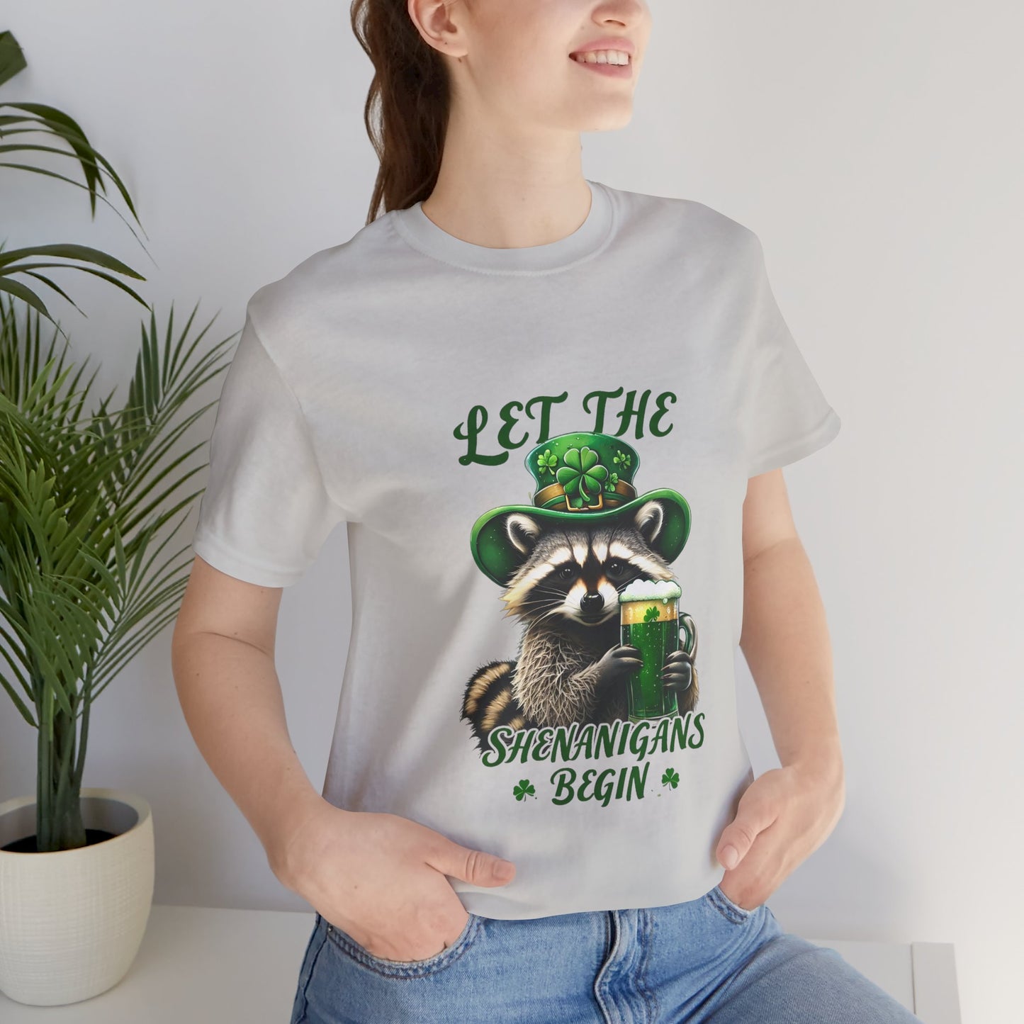 St. Patrick's Day Raccoon T-Shirt - Let the Shenanigans Begin, Unisex Tee for Celebrations, Funny Gift, Party Wear, Holiday Shirt