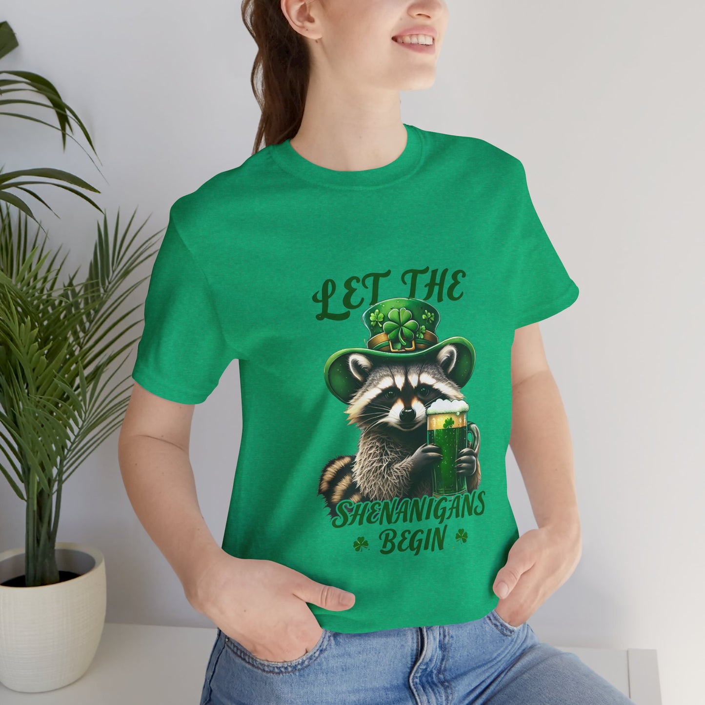 St. Patrick's Day Raccoon T-Shirt - Let the Shenanigans Begin, Unisex Tee for Celebrations, Funny Gift, Party Wear, Holiday Shirt