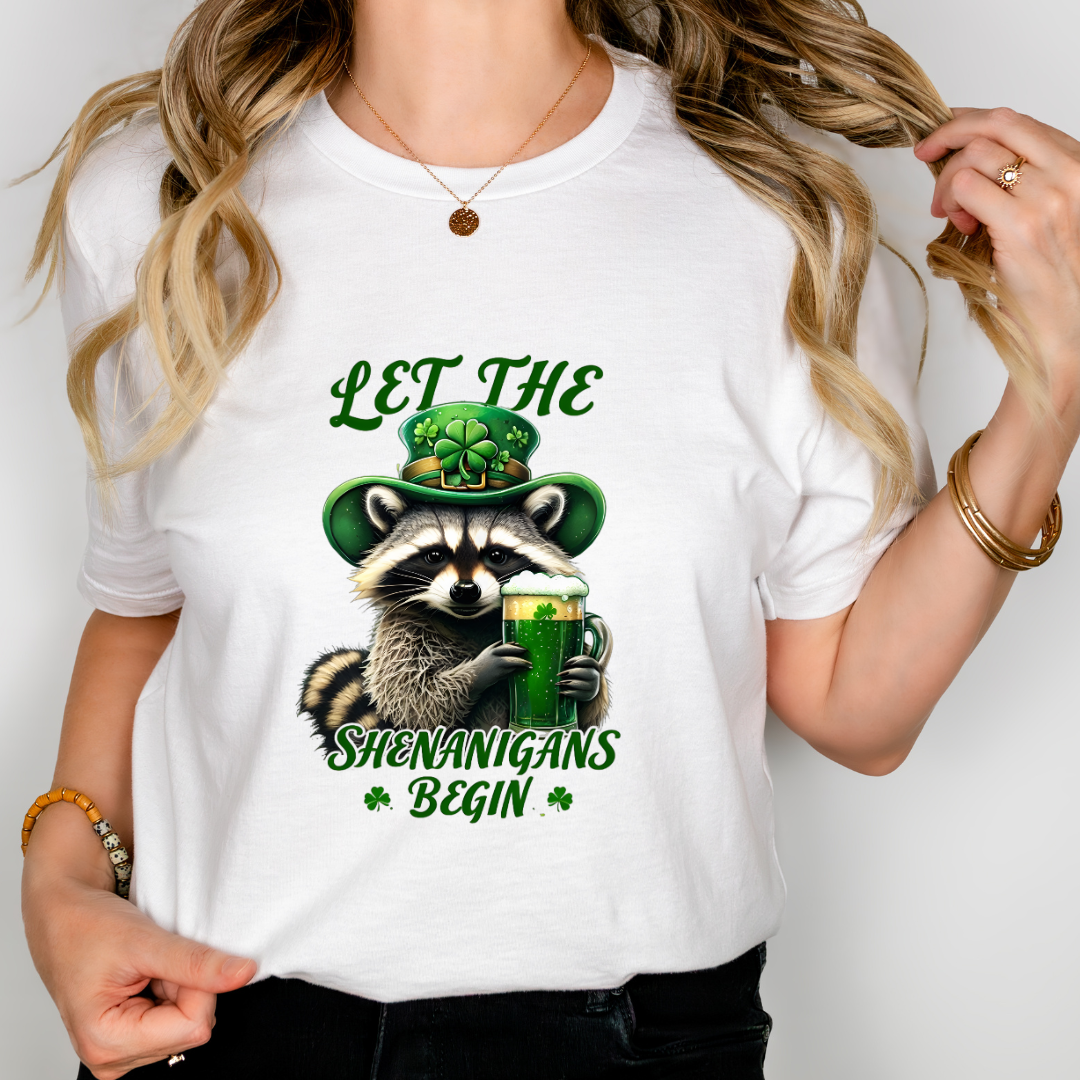 St. Patrick's Day Raccoon T-Shirt - Let the Shenanigans Begin, Unisex Tee for Celebrations, Funny Gift, Party Wear, Holiday Shirt