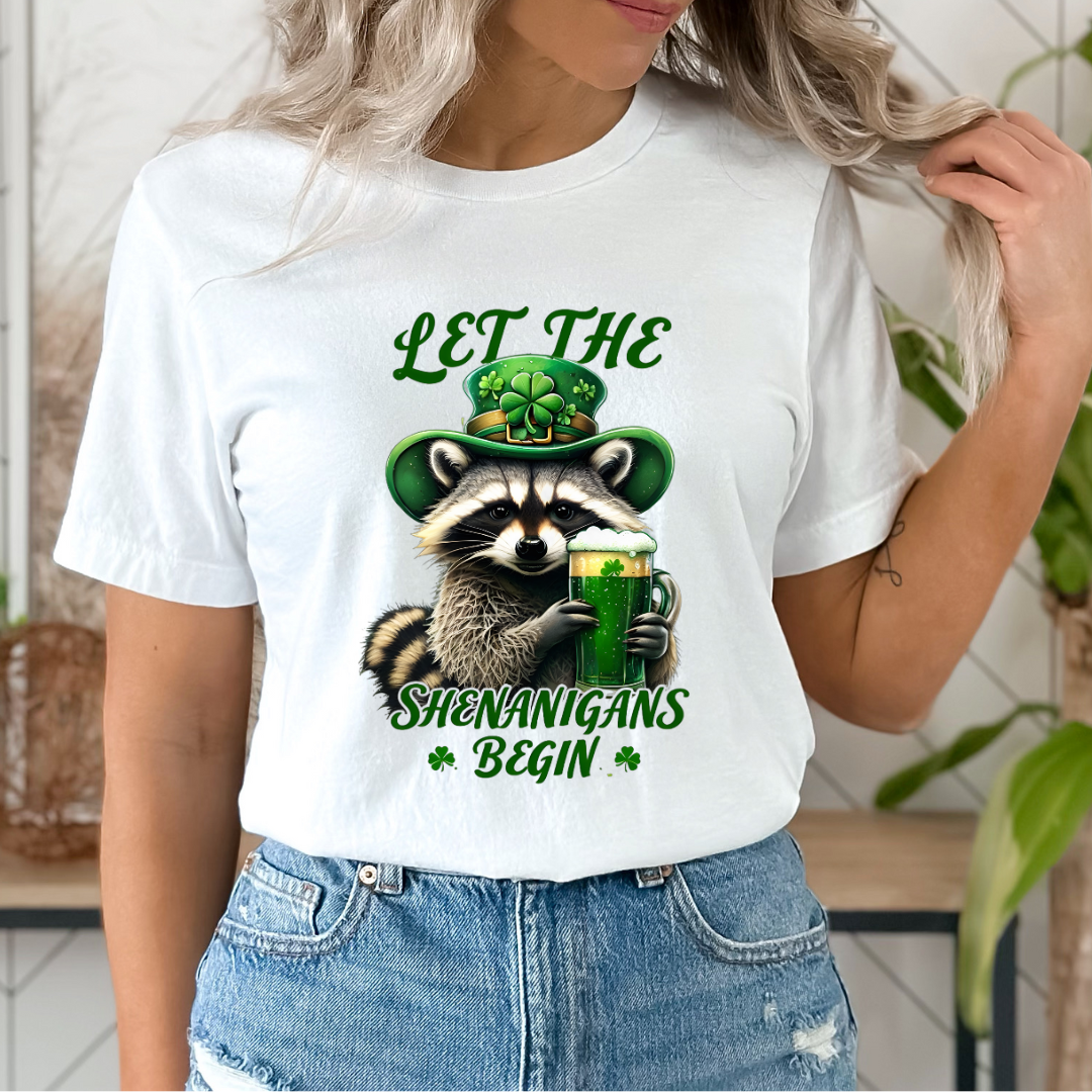 St. Patrick's Day Raccoon T-Shirt - Let the Shenanigans Begin, Unisex Tee for Celebrations, Funny Gift, Party Wear, Holiday Shirt