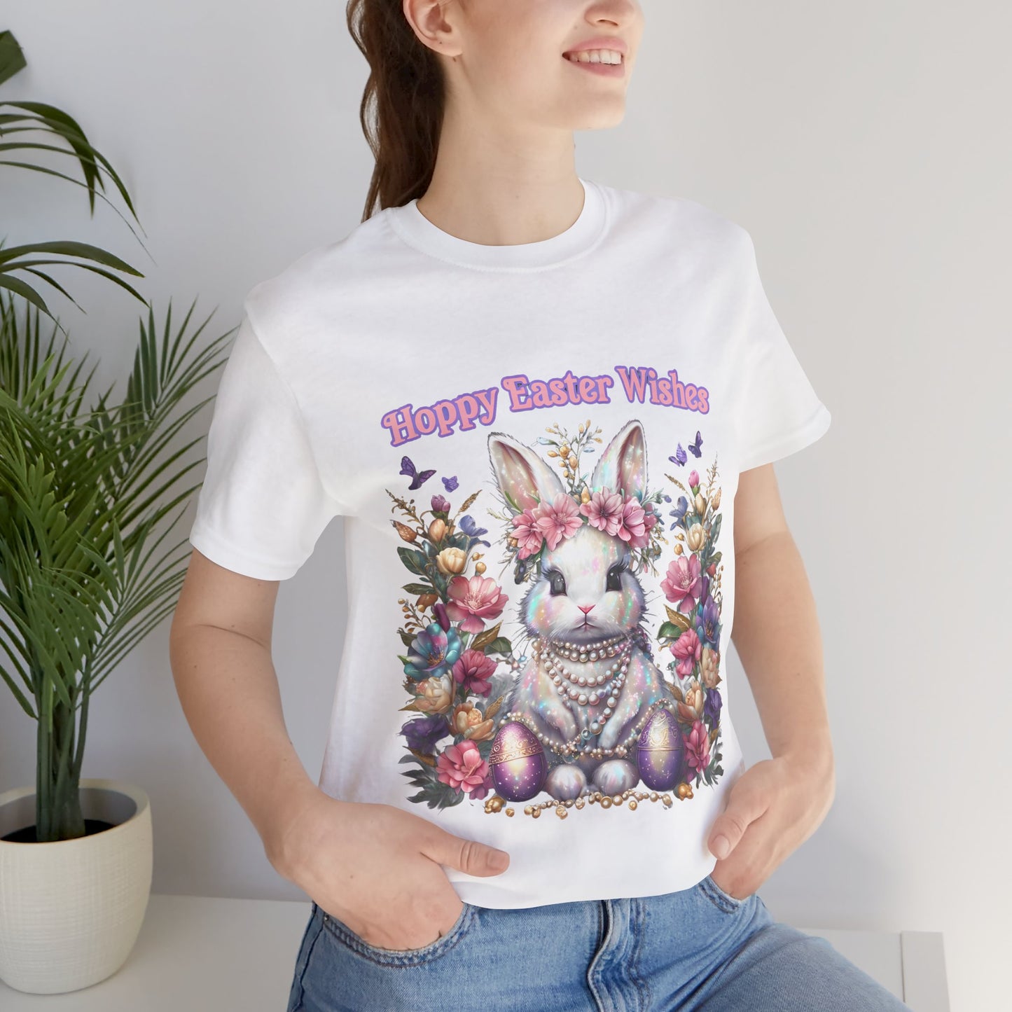 Hoppy Easter Wishes T-shirt, Easter Bunny Tee, Spring Rabbit Shirt, Unisex Jersey Top, Holiday Gift