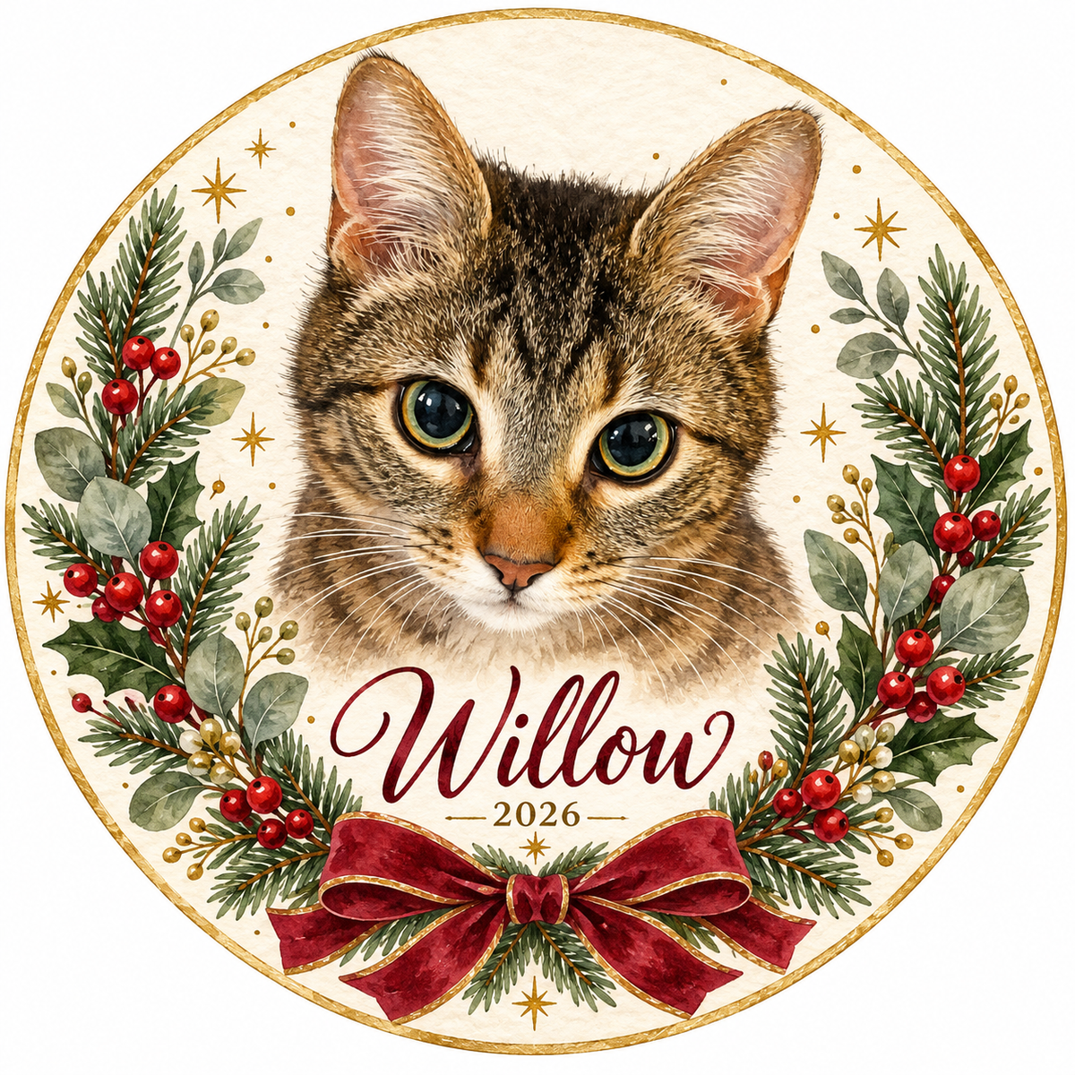 Personalized Cat Christmas Ornament, Tabby Cat Tree Decor, Round Ceramic Pet Memorial Holiday Gift for Cat Lovers