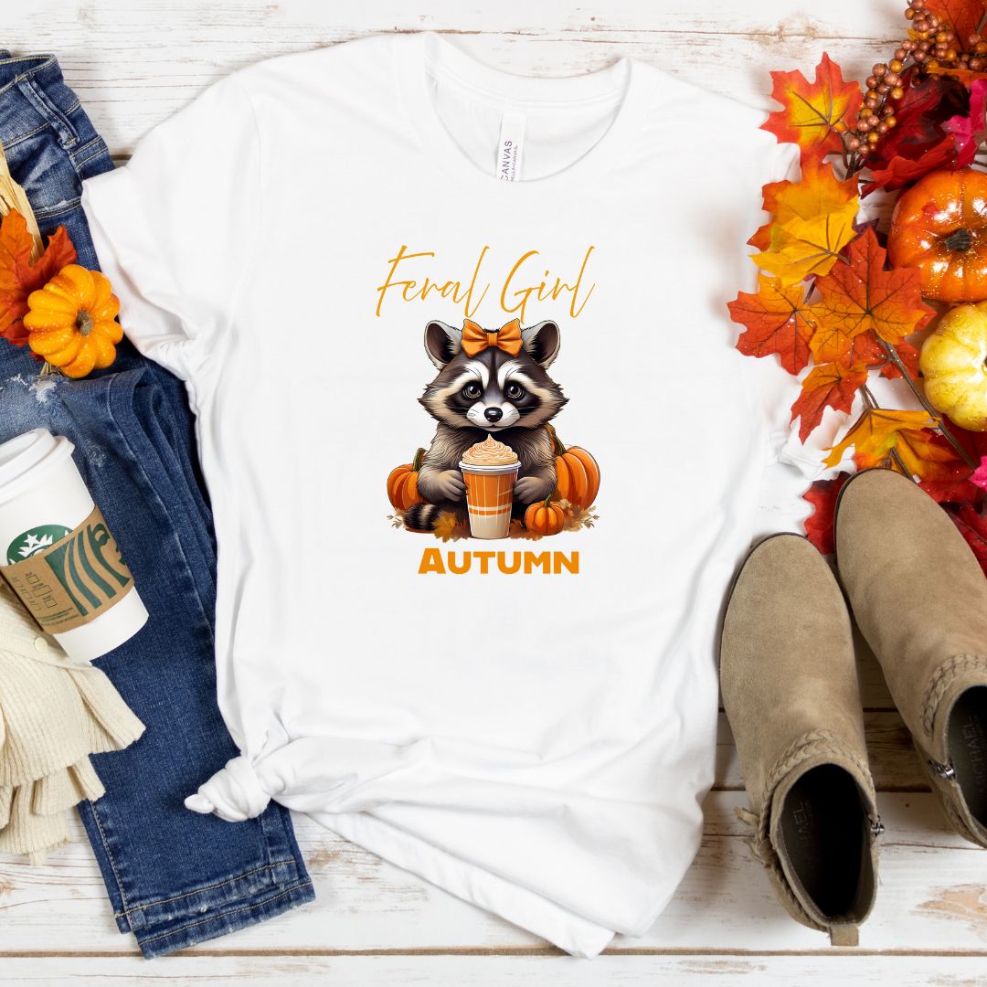 Feral Girl Autumn T-Shirt | Bella + Canvas | Comfy Cozy Fall Tee | Unique Raccoon Print | Ladies Seasonal Wear