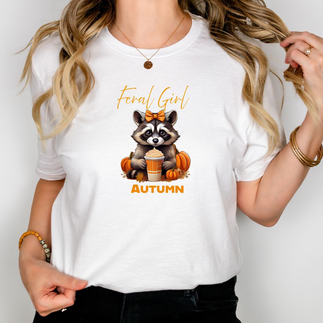 Feral Girl Autumn T-Shirt | Bella + Canvas | Comfy Cozy Fall Tee | Unique Raccoon Print | Ladies Seasonal Wear