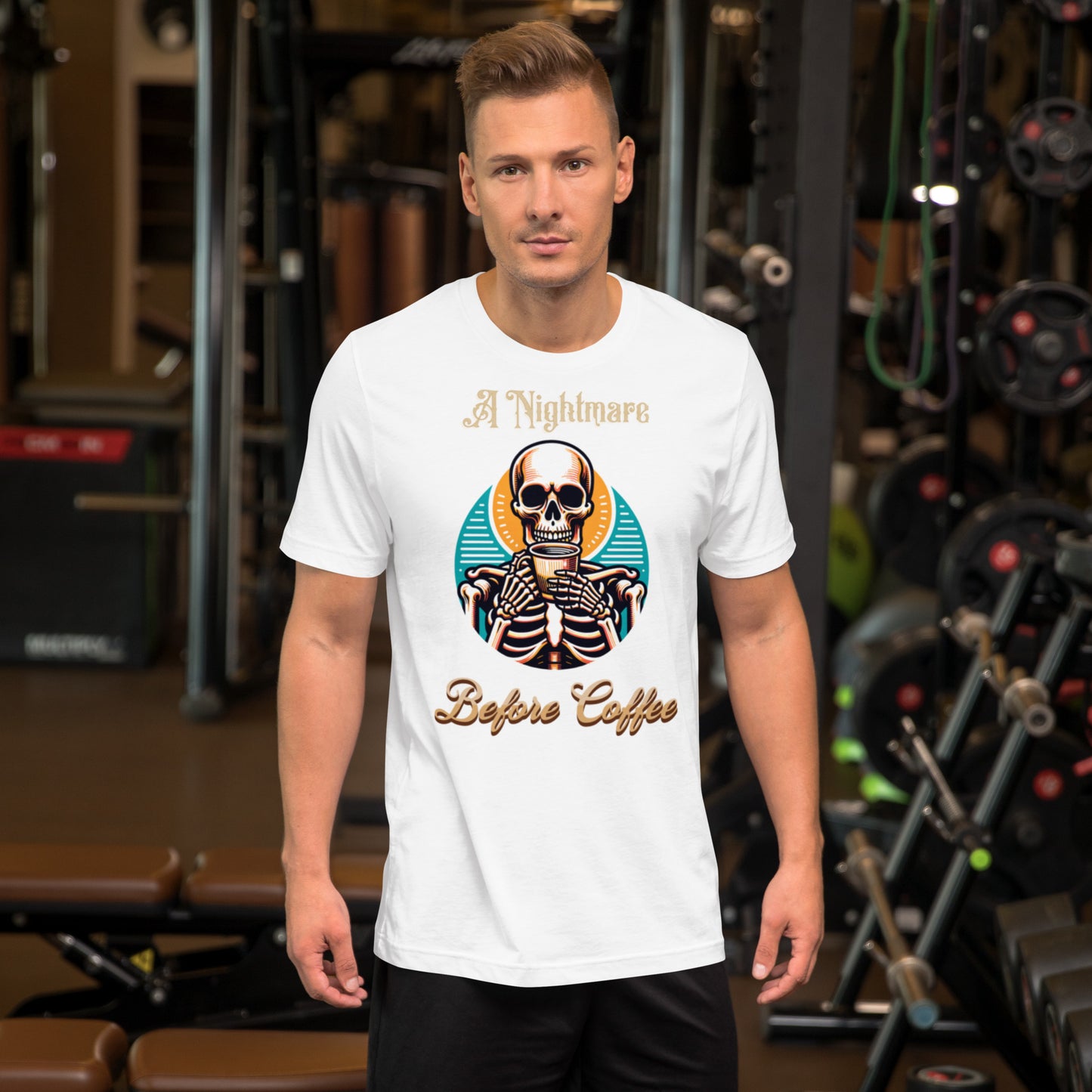 A Nightmare Before Coffee with Male Skeleton Unisex Tee In White