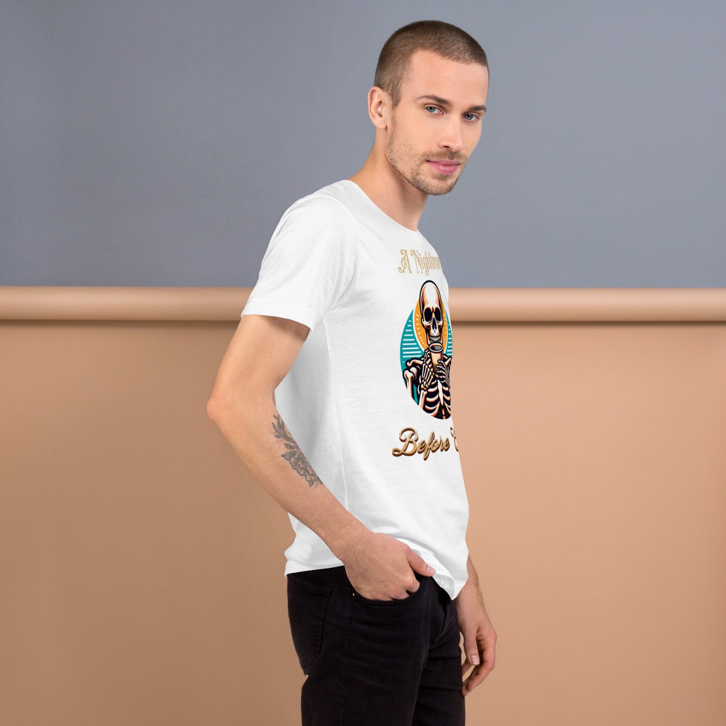 A Nightmare Before Coffee with Male Skeleton Unisex Tee In White