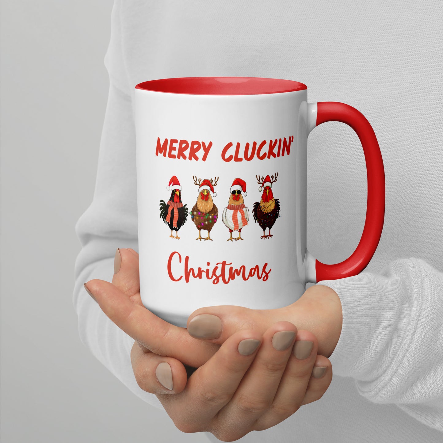 Merry Cluckin' Christmas Ceramic Coffee Mug - Holiday Chicken Print - 11oz or 15oz - Red Handle and Interior