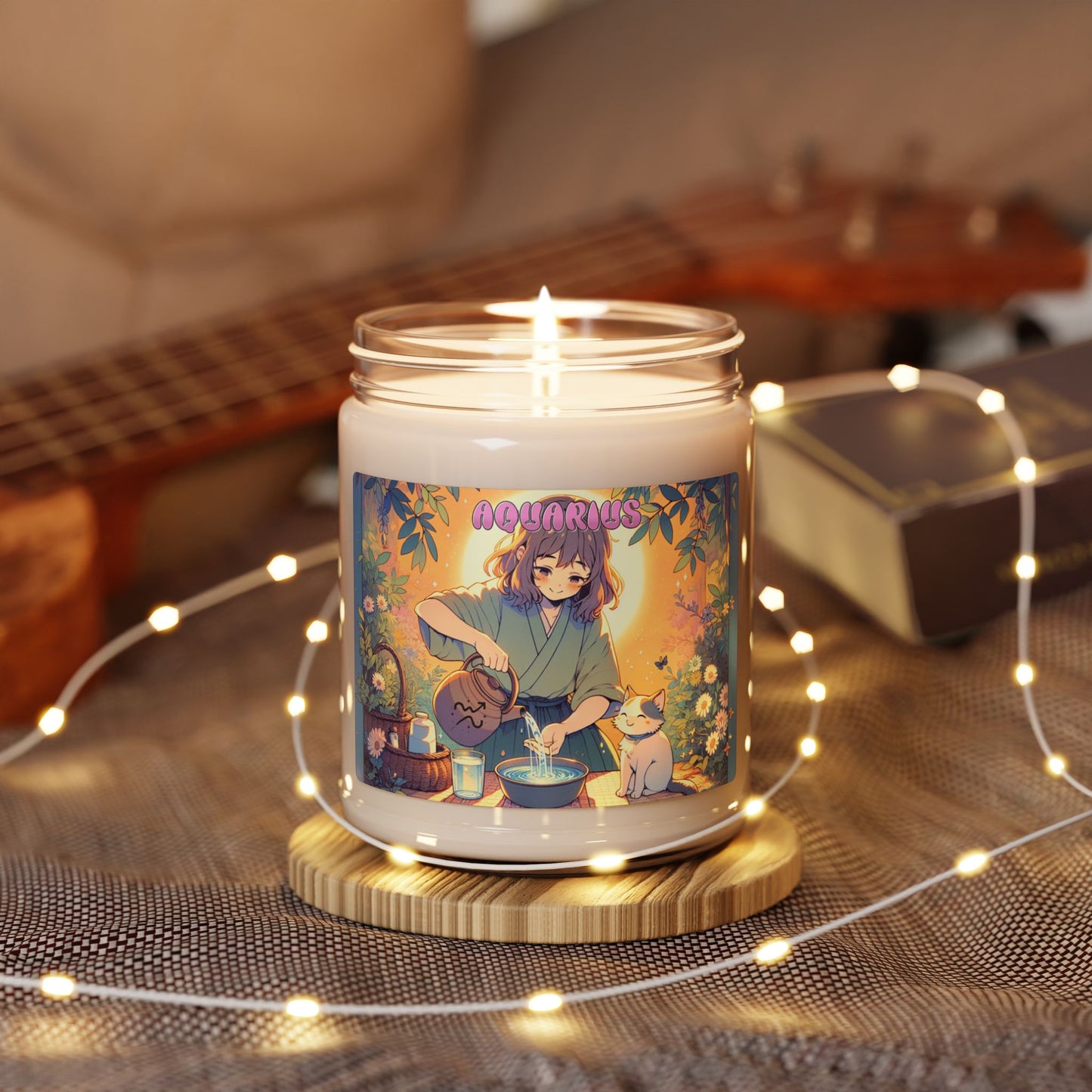 Aquarius Zodiac-Inspired 9oz Scented Soy Wax Candle with Cotton Wick - Water-Bearer Girl with Cat Theme