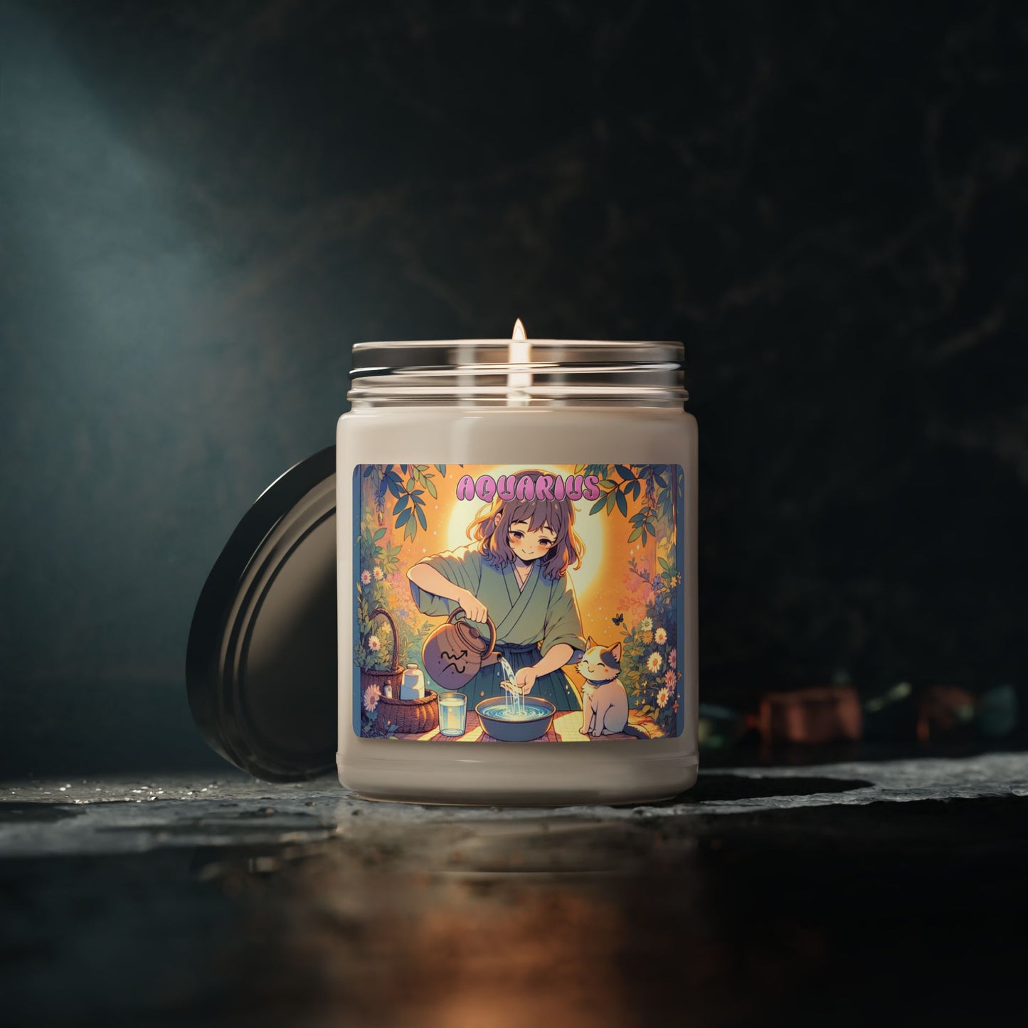 Aquarius Zodiac-Inspired 9oz Scented Soy Wax Candle with Cotton Wick - Water-Bearer Girl with Cat Theme