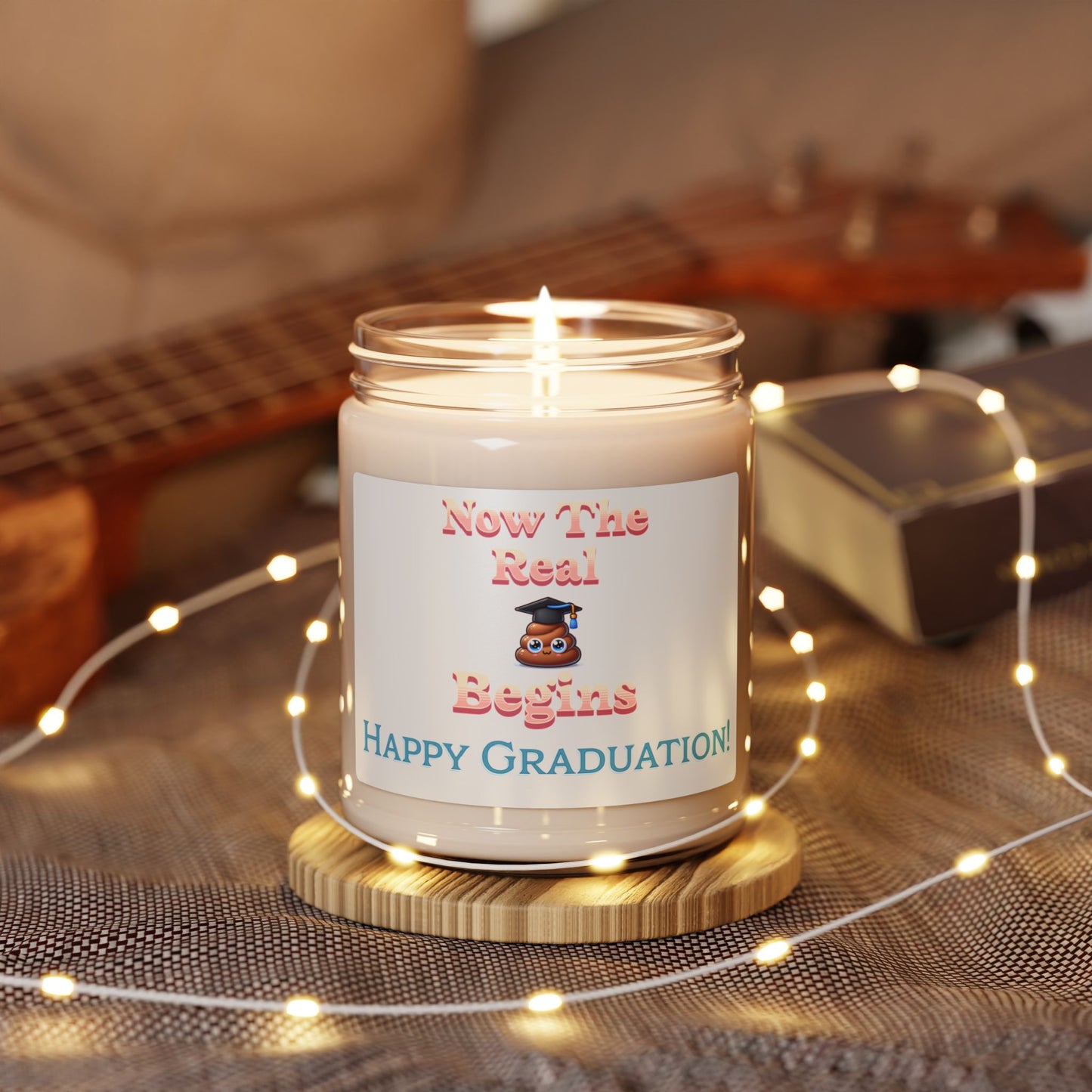 Now the Real 'Stuff' Begins - Soy Wax, Poop Emoji Graduation Candle, 9oz with Cotton Wick