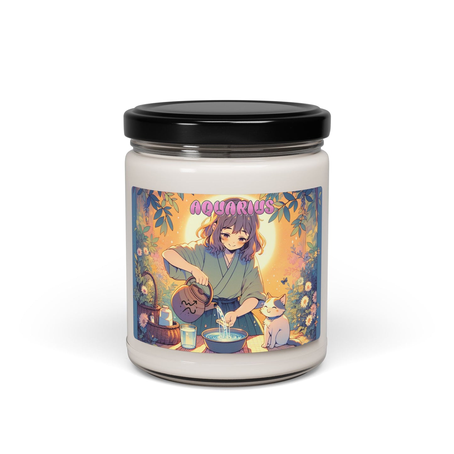 Aquarius Zodiac-Inspired 9oz Scented Soy Wax Candle with Cotton Wick - Water-Bearer Girl with Cat Theme