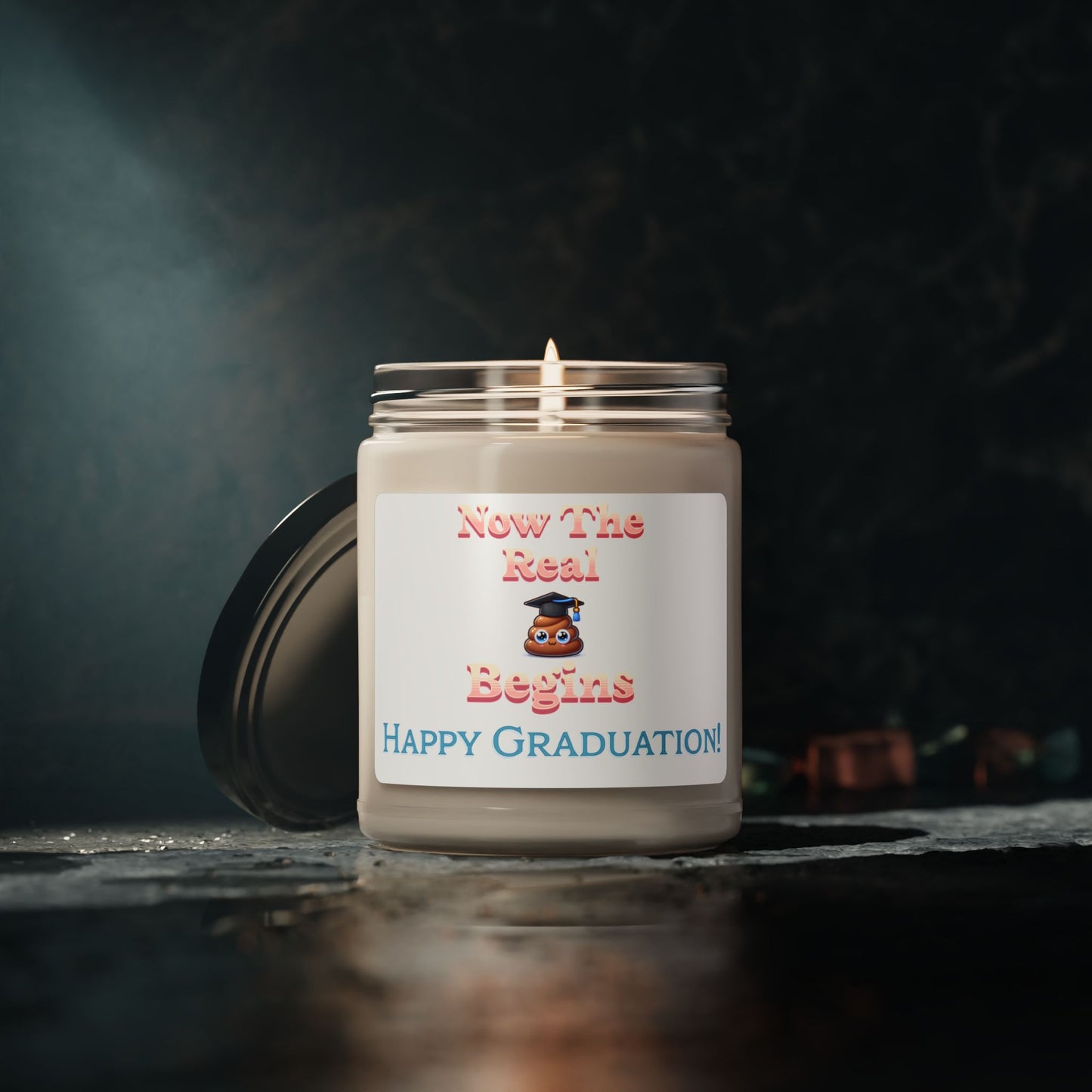 Now the Real 'Stuff' Begins - Soy Wax, Poop Emoji Graduation Candle, 9oz with Cotton Wick