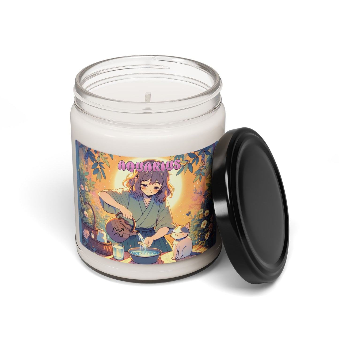 Aquarius Zodiac-Inspired 9oz Scented Soy Wax Candle with Cotton Wick - Water-Bearer Girl with Cat Theme