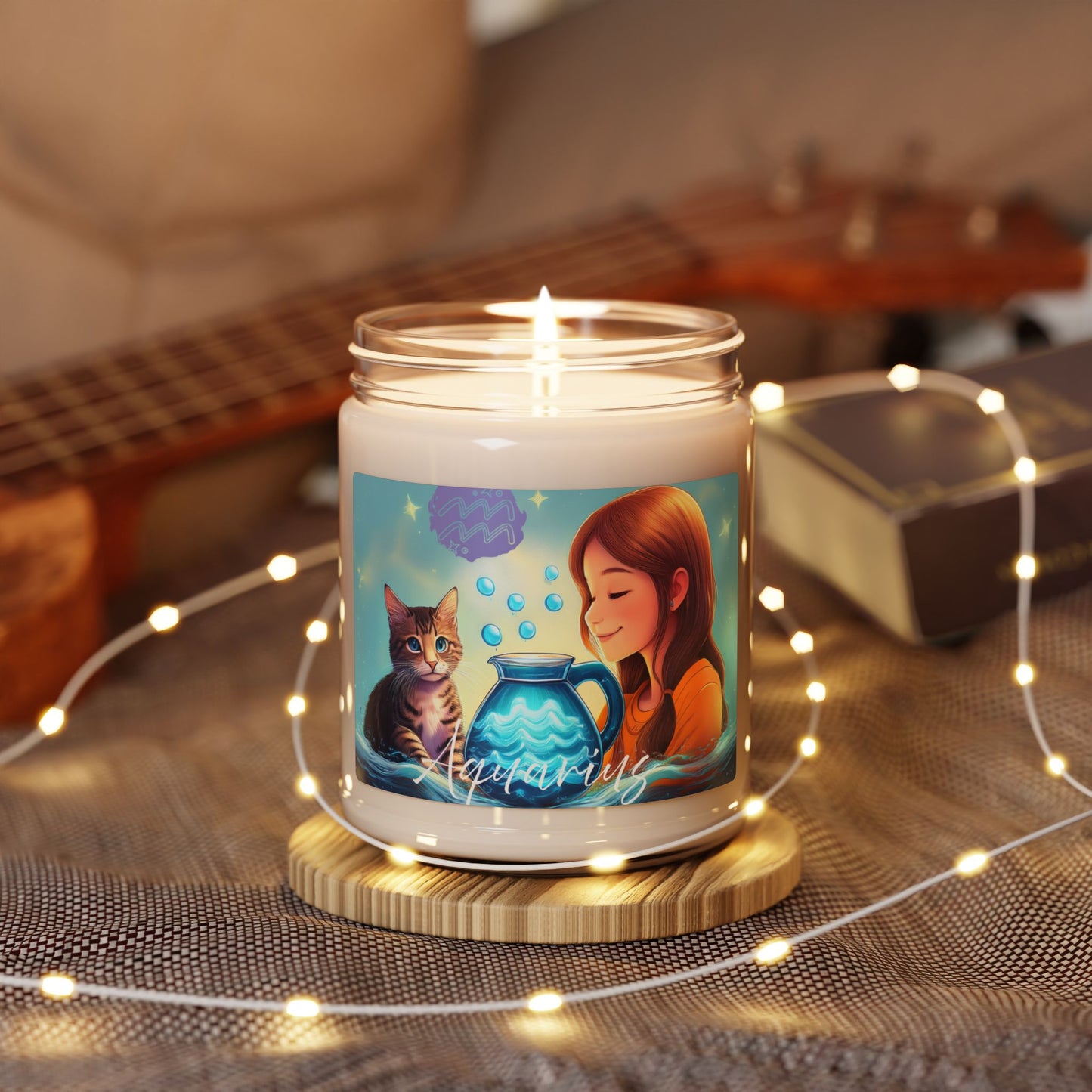 Unique Aquarius Zodiac Candle | Scented Soy Wax | Water-Bearer Girl & Cat Design