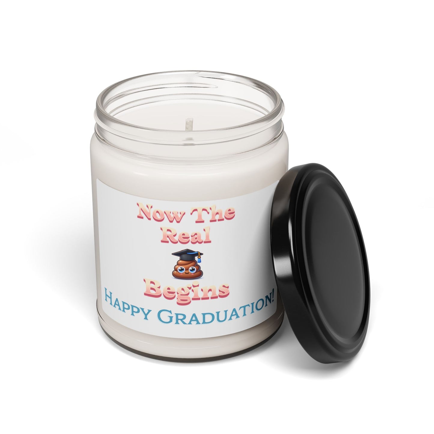 Now the Real 'Stuff' Begins - Soy Wax, Poop Emoji Graduation Candle, 9oz with Cotton Wick