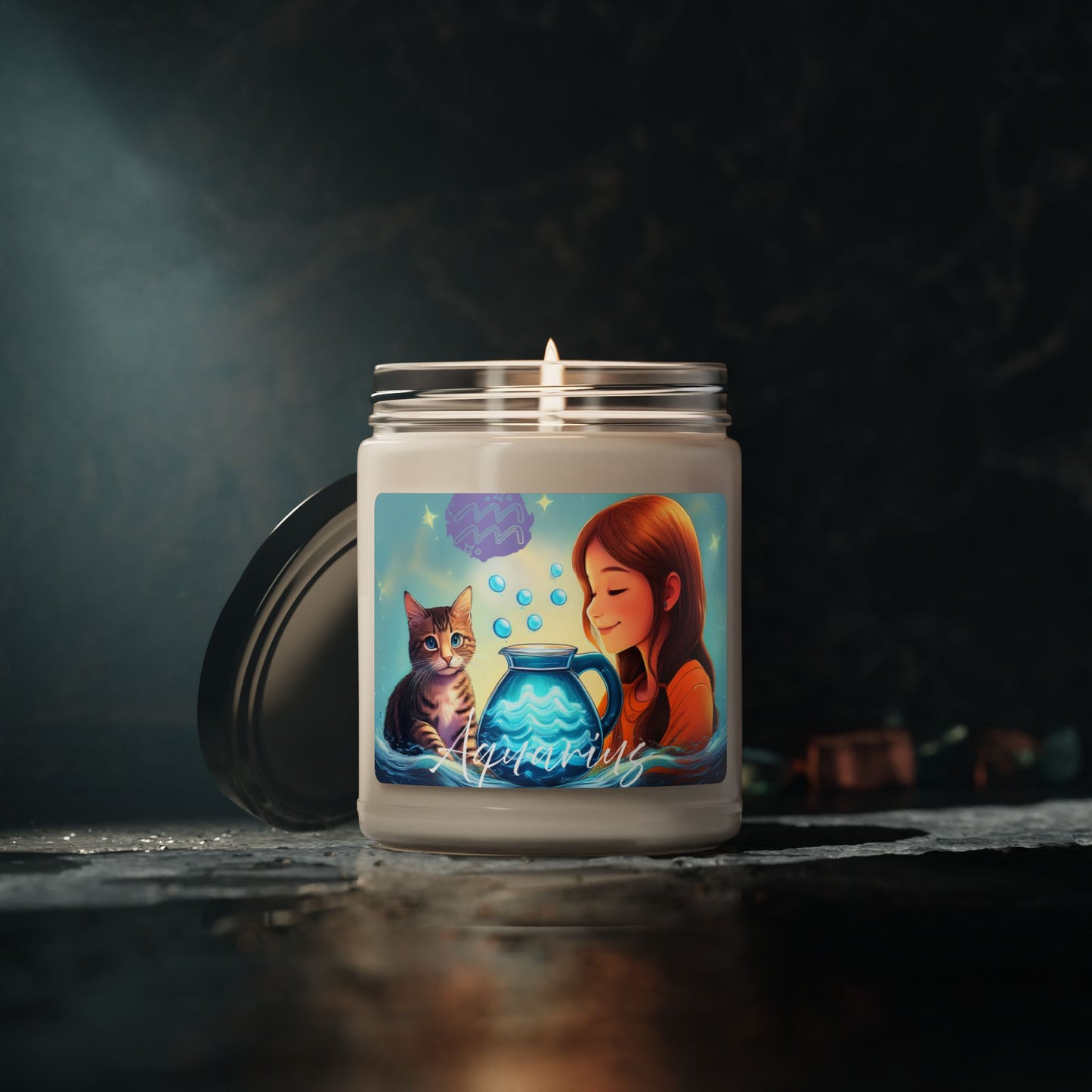 Unique Aquarius Zodiac Candle | Scented Soy Wax | Water-Bearer Girl & Cat Design