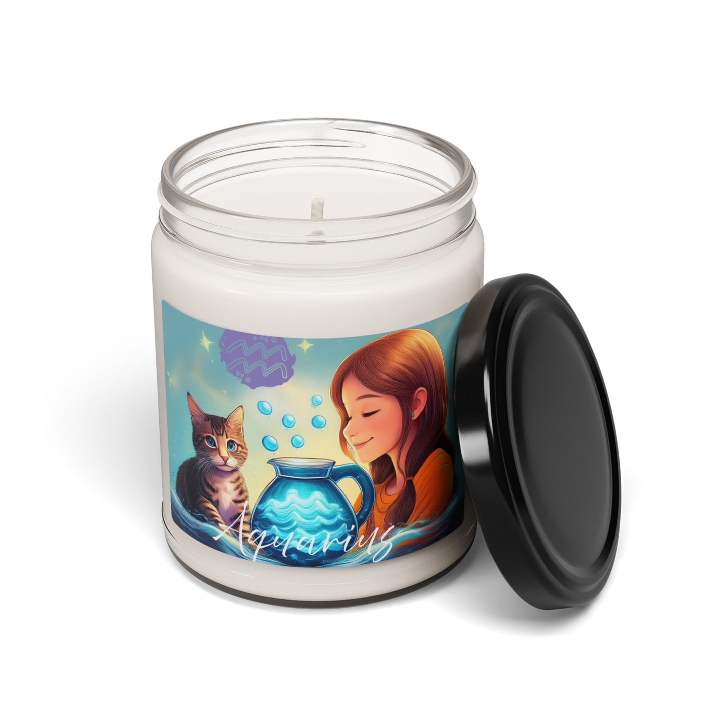 Unique Aquarius Zodiac Candle | Scented Soy Wax | Water-Bearer Girl & Cat Design