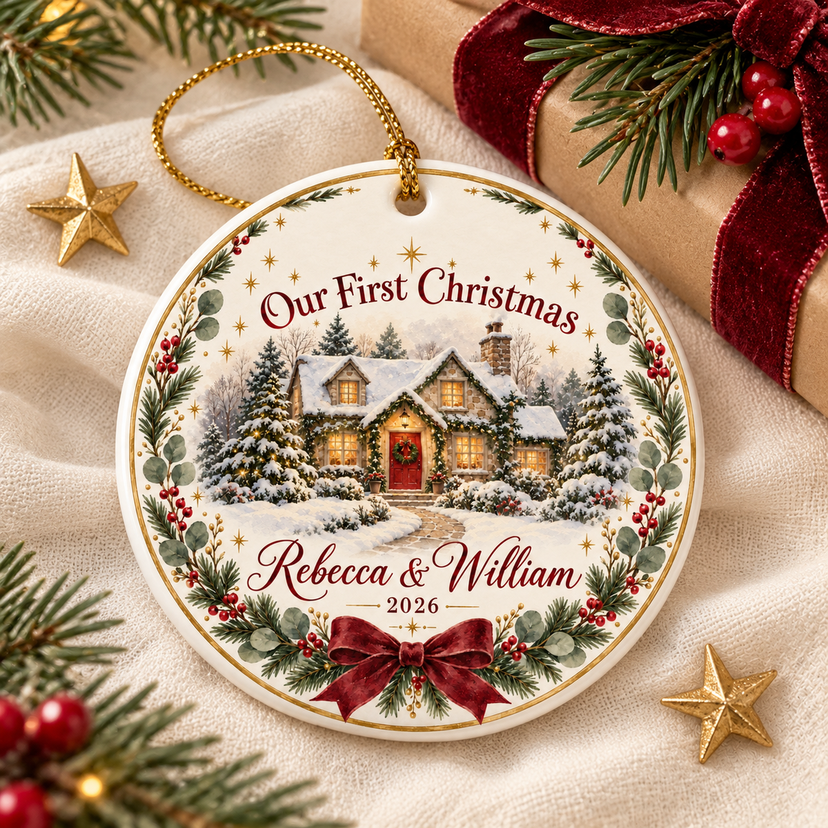 Our First Christmas Ornament 2026, Personalized Couple Ornament, Winter House Keepsake, Custom Newlywed Christmas Tree Decoration Gift