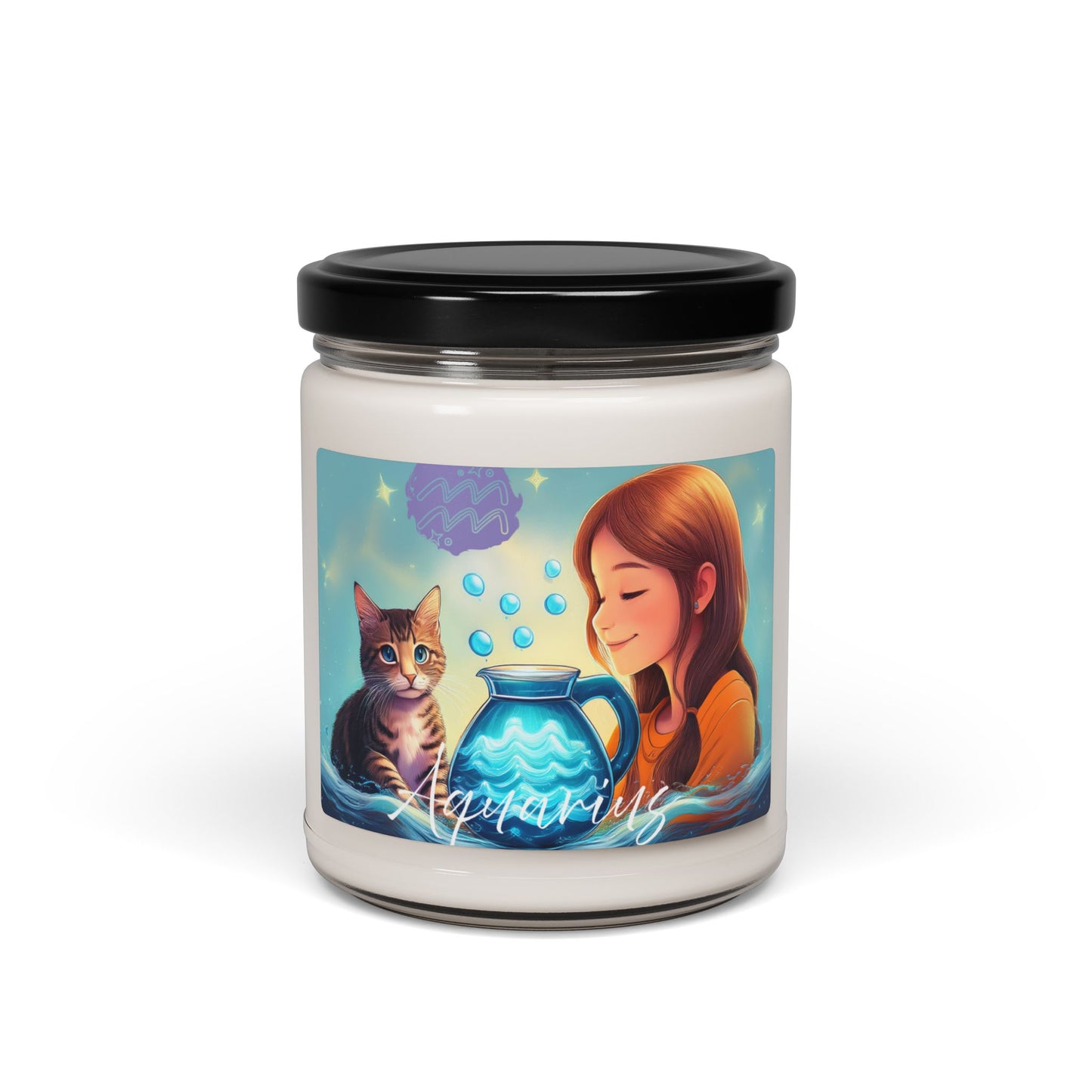 Unique Aquarius Zodiac Candle | Scented Soy Wax | Water-Bearer Girl & Cat Design