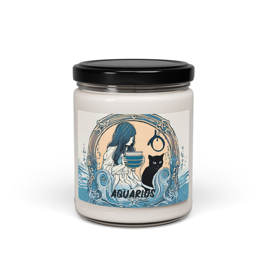 Aquarius Zodiac Inspired Scented Soy Candle - Water-Bearer Girl with Cat - 9oz- Cotton Wick-Aquarius Gift-Aquarius Birthday- BFF Gift