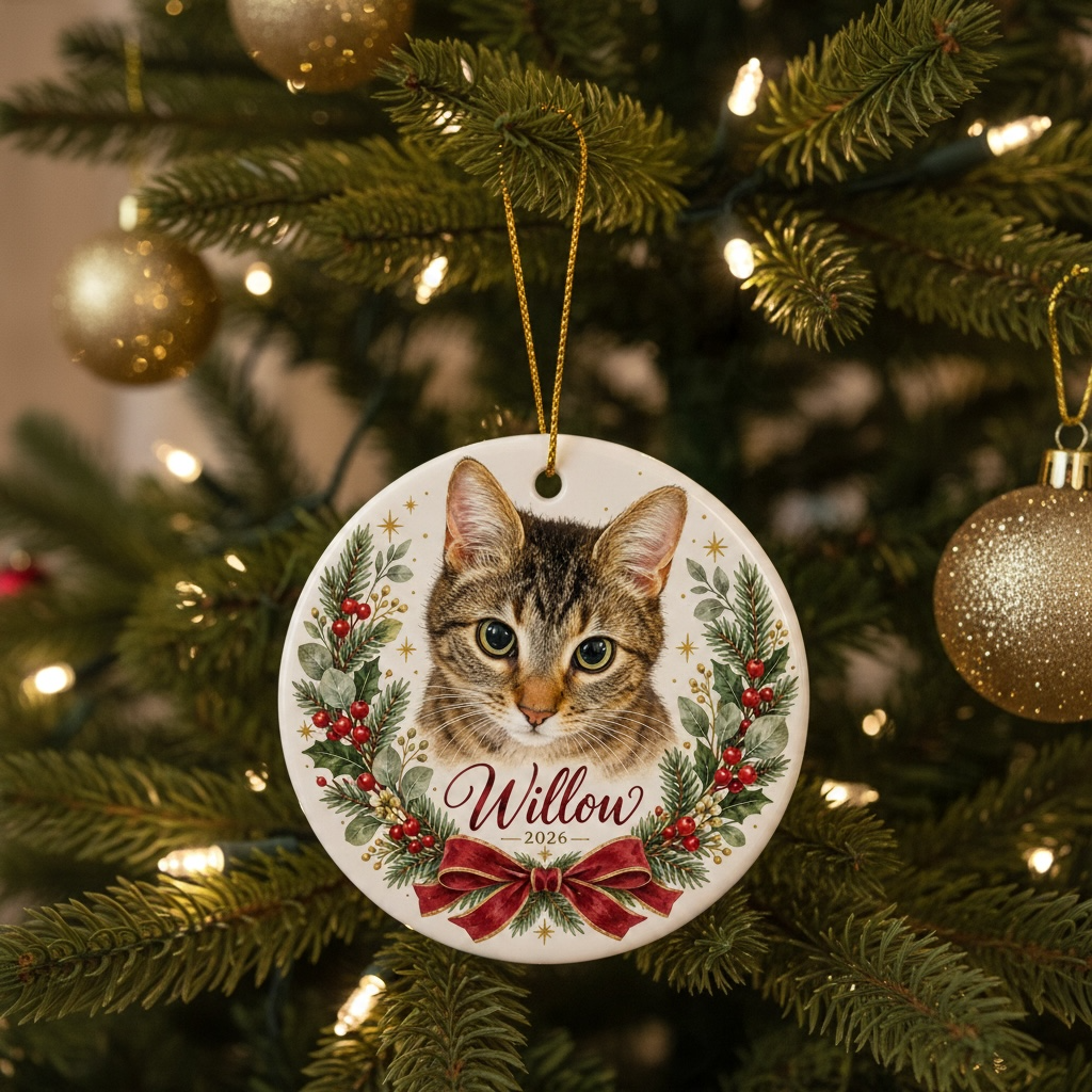 Personalized Cat Christmas Ornament, Tabby Cat Tree Decor, Round Ceramic Pet Memorial Holiday Gift for Cat Lovers