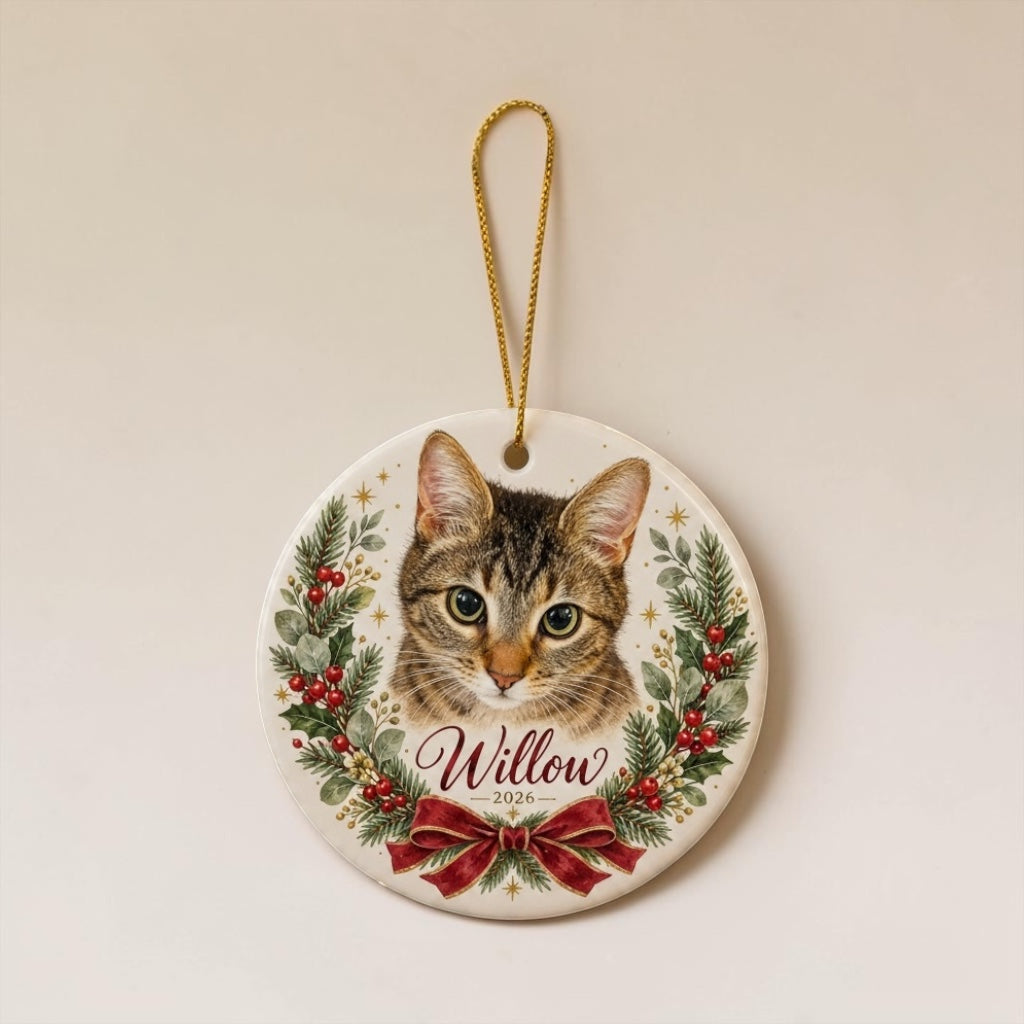 Personalized Cat Christmas Ornament, Tabby Cat Tree Decor, Round Ceramic Pet Memorial Holiday Gift for Cat Lovers