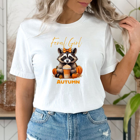 Feral Girl Autumn T-Shirt | Bella + Canvas | Comfy Cozy Fall Tee | Unique Raccoon Print | Ladies Seasonal Wear