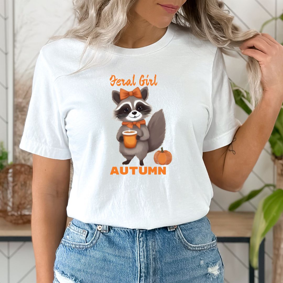 Comfy Cozy Fall Tee | Feral Girl Autumn Raccoon Print Shirt for Ladies | Seasonal Wear