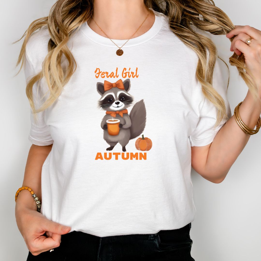 Comfy Cozy Fall Tee | Feral Girl Autumn Raccoon Print Shirt for Ladies | Seasonal Wear