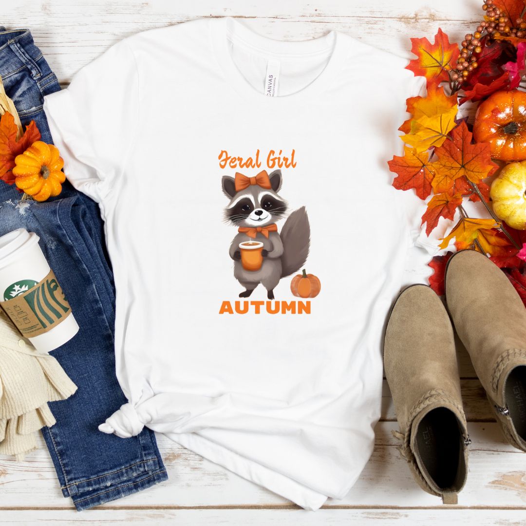 Comfy Cozy Fall Tee | Feral Girl Autumn Raccoon Print Shirt for Ladies | Seasonal Wear