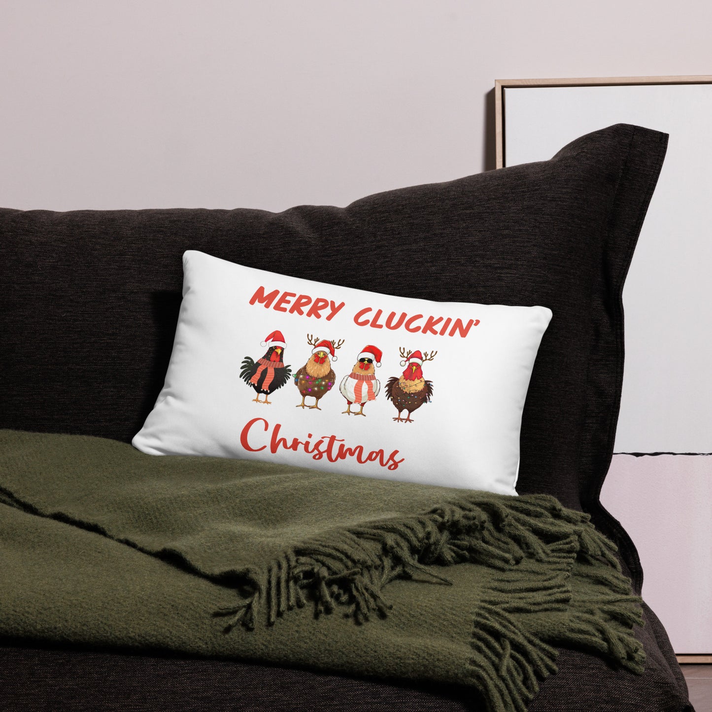 Merry Cluckin' Christmas Throw Pillow - Festive Holiday Home Decor in Various Sizes Featuring Charming Chicken Design