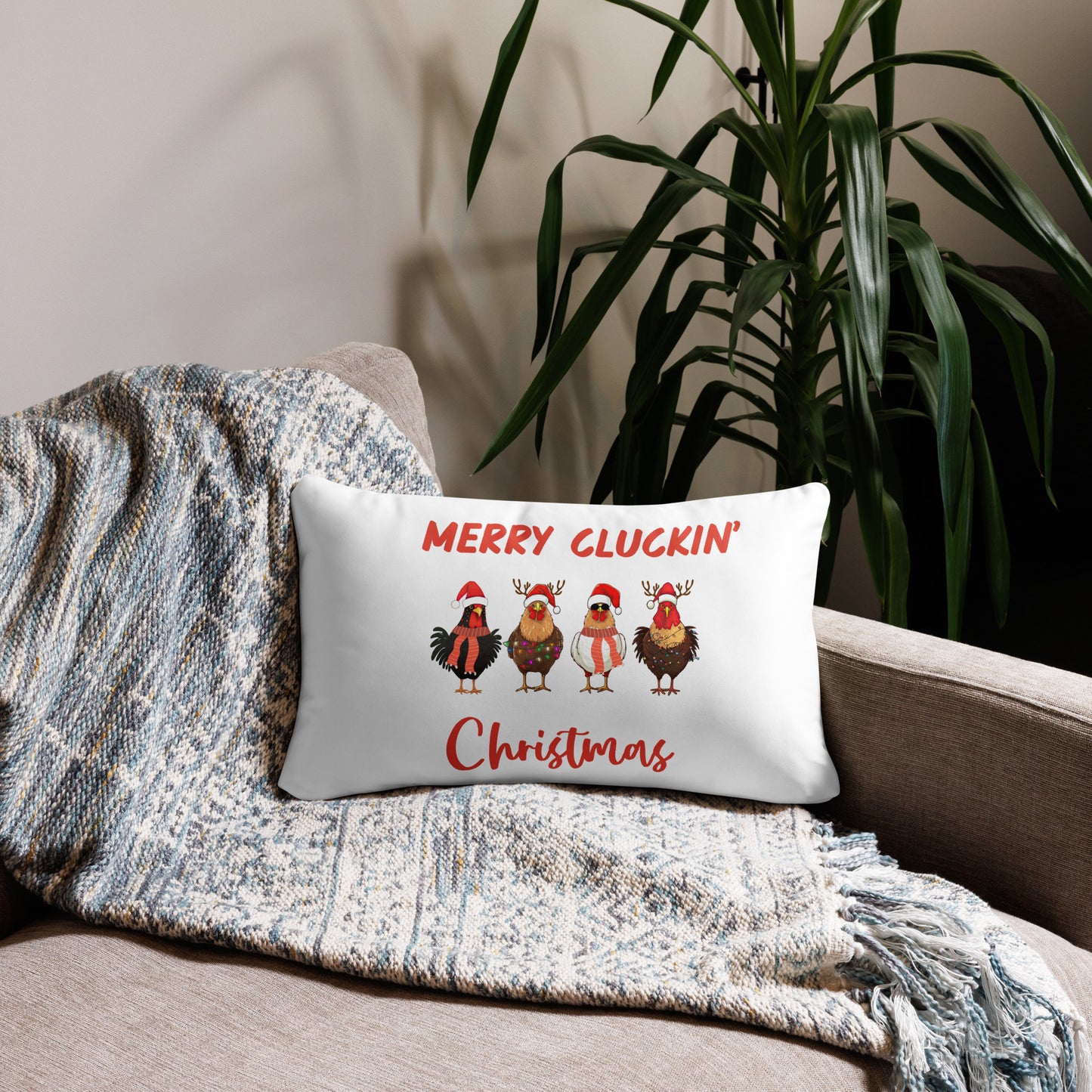 Merry Cluckin' Christmas Throw Pillow - Festive Holiday Home Decor in Various Sizes Featuring Charming Chicken Design