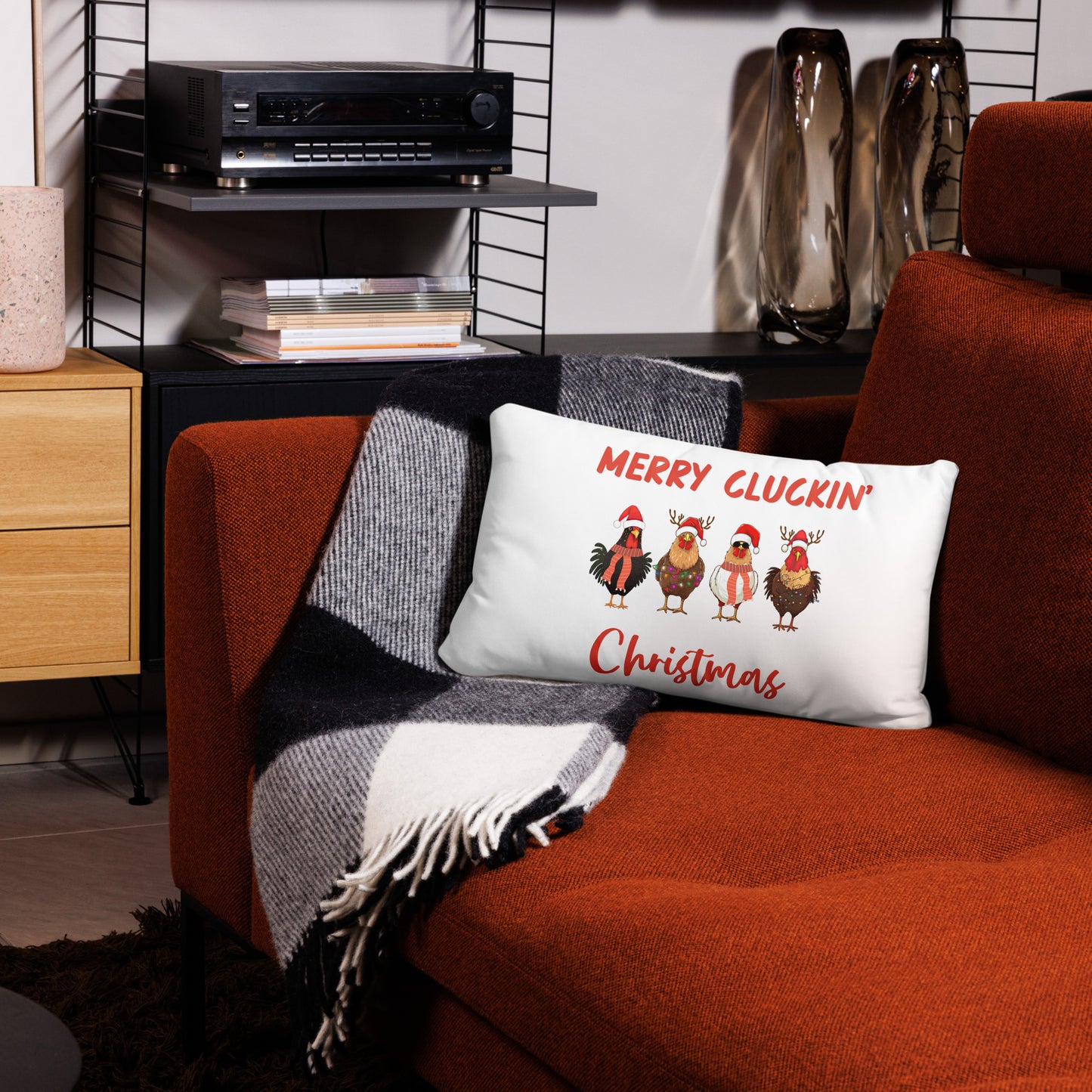 Merry Cluckin' Christmas Throw Pillow - Festive Holiday Home Decor in Various Sizes Featuring Charming Chicken Design