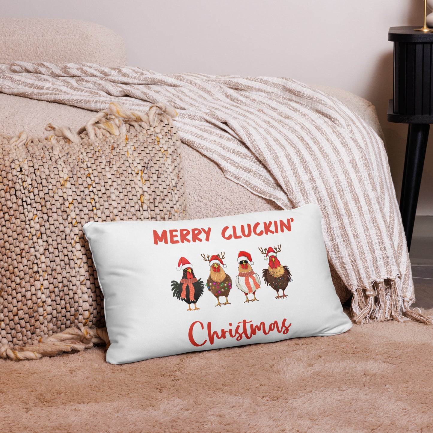 Merry Cluckin' Christmas Throw Pillow - Festive Holiday Home Decor in Various Sizes Featuring Charming Chicken Design