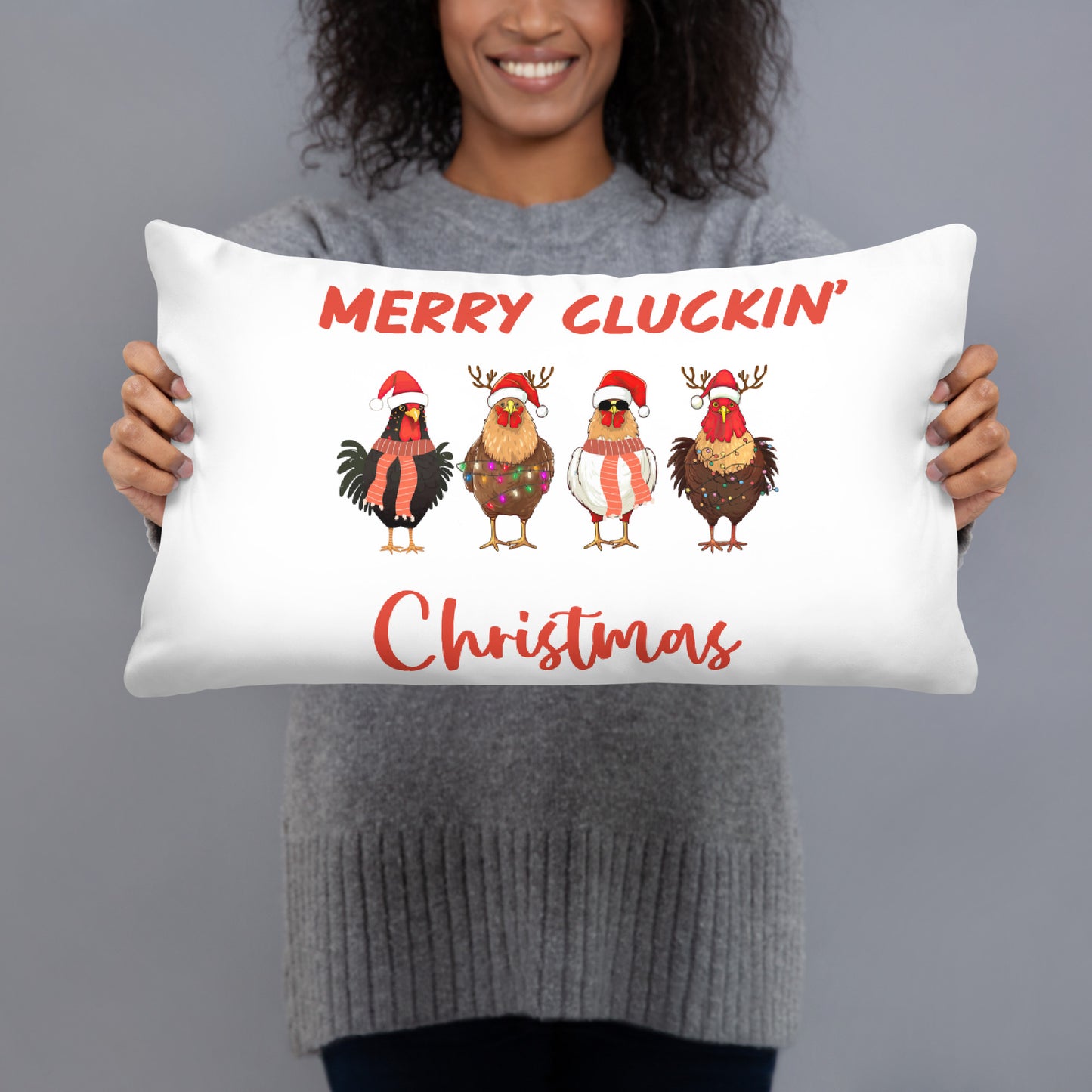 Merry Cluckin' Christmas Throw Pillow - Festive Holiday Home Decor in Various Sizes Featuring Charming Chicken Design