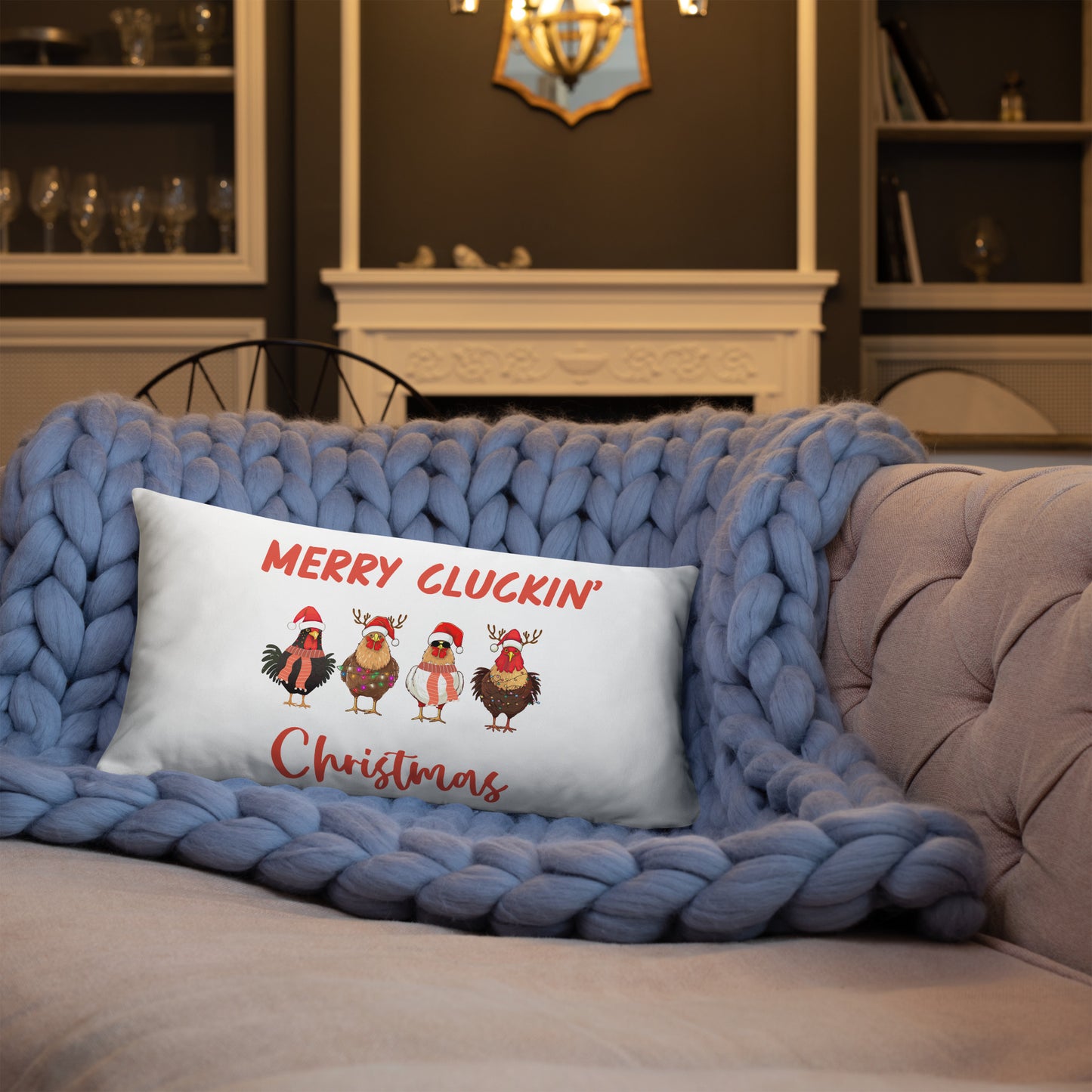 Merry Cluckin' Christmas Throw Pillow - Festive Holiday Home Decor in Various Sizes Featuring Charming Chicken Design