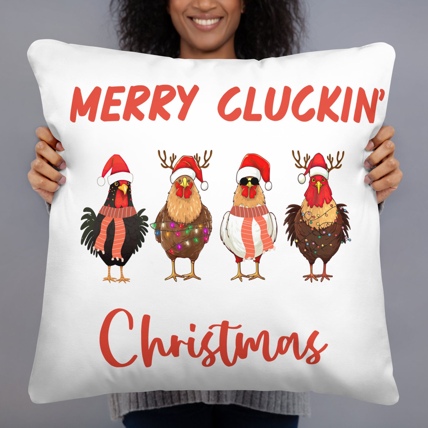 Merry Cluckin' Christmas Throw Pillow - Festive Holiday Home Decor in Various Sizes Featuring Charming Chicken Design