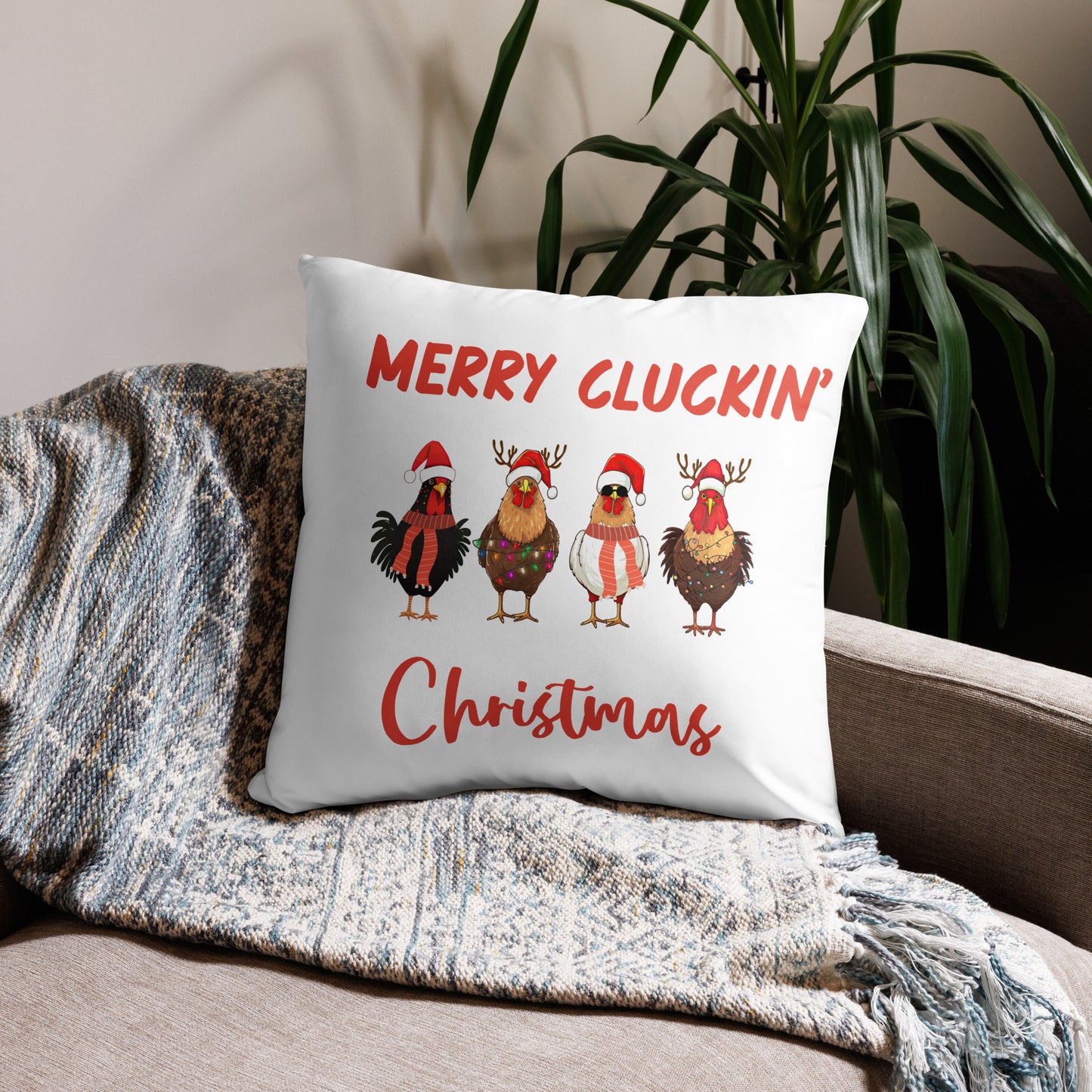 Merry Cluckin' Christmas Throw Pillow - Festive Holiday Home Decor in Various Sizes Featuring Charming Chicken Design