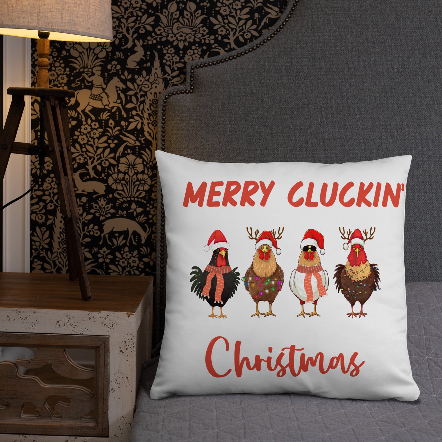 Merry Cluckin' Christmas Throw Pillow - Festive Holiday Home Decor in Various Sizes Featuring Charming Chicken Design