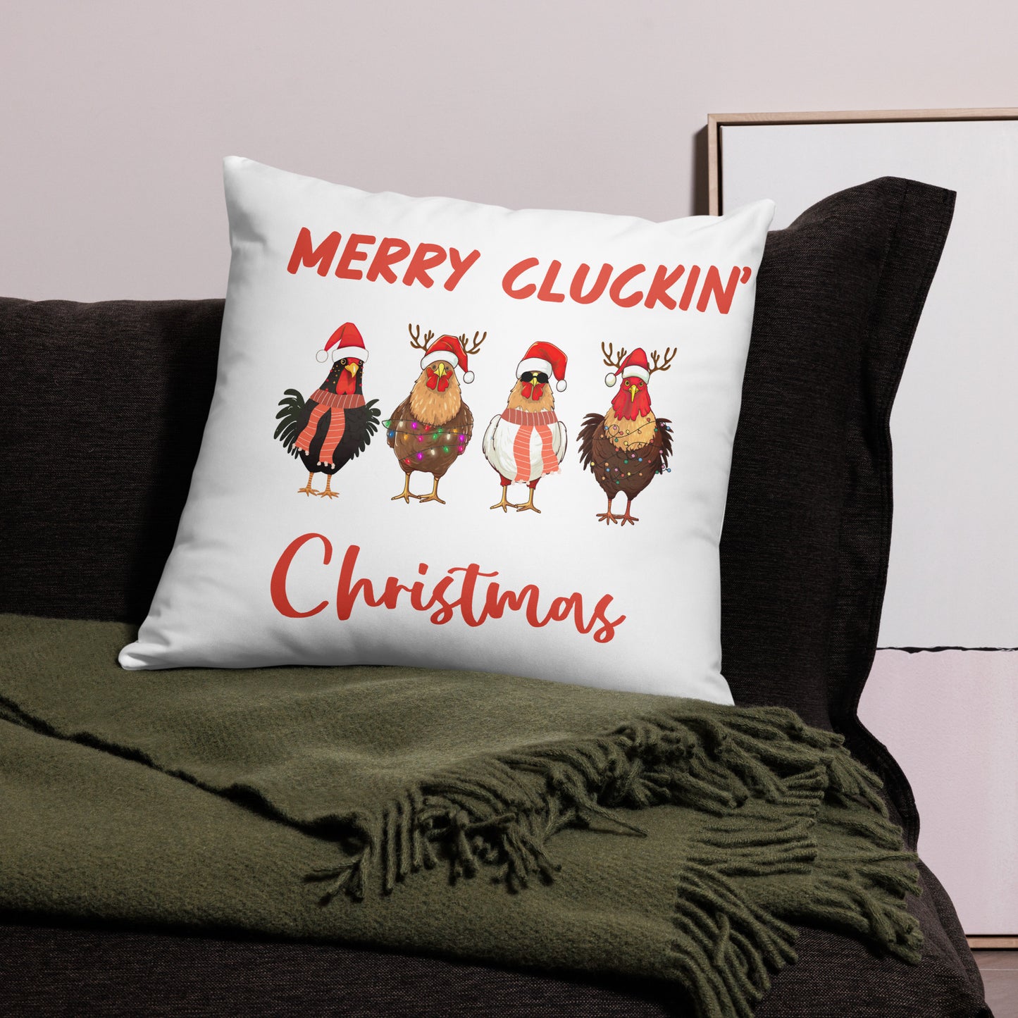 Merry Cluckin' Christmas Throw Pillow - Festive Holiday Home Decor in Various Sizes Featuring Charming Chicken Design