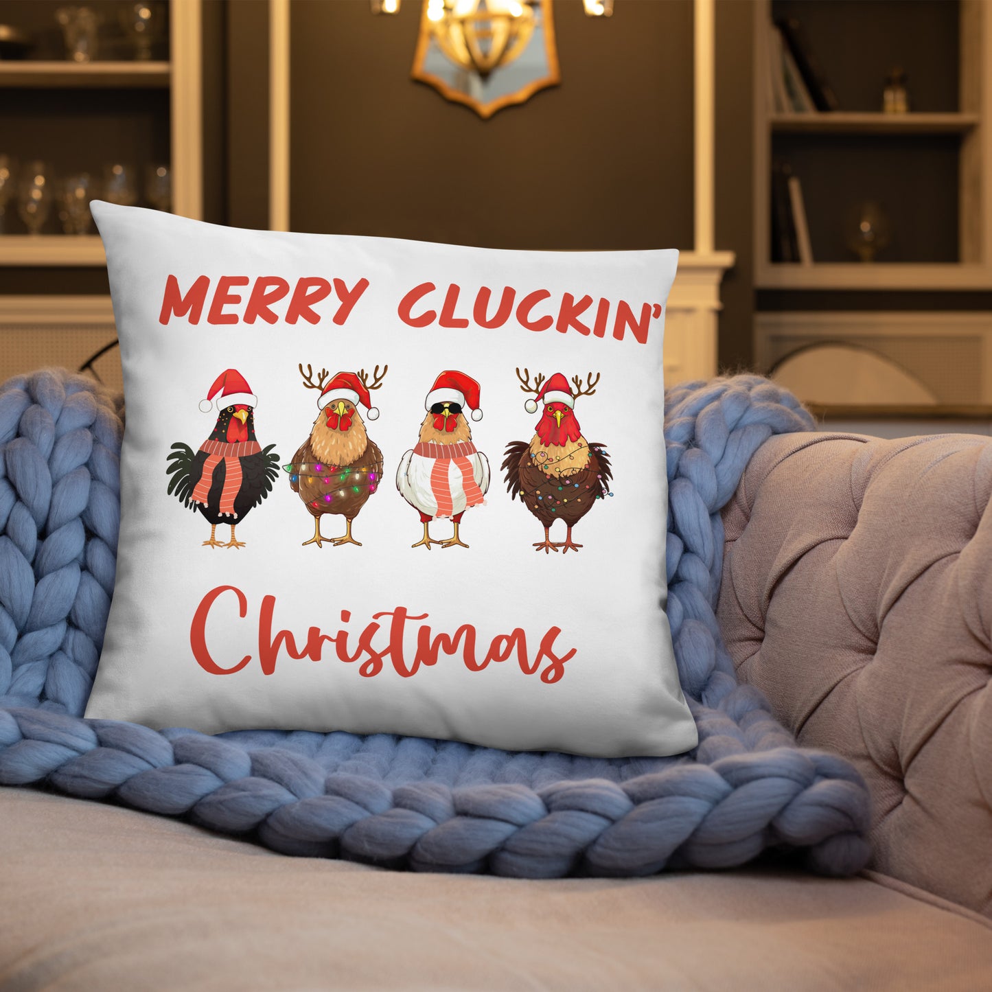 Merry Cluckin' Christmas Throw Pillow - Festive Holiday Home Decor in Various Sizes Featuring Charming Chicken Design