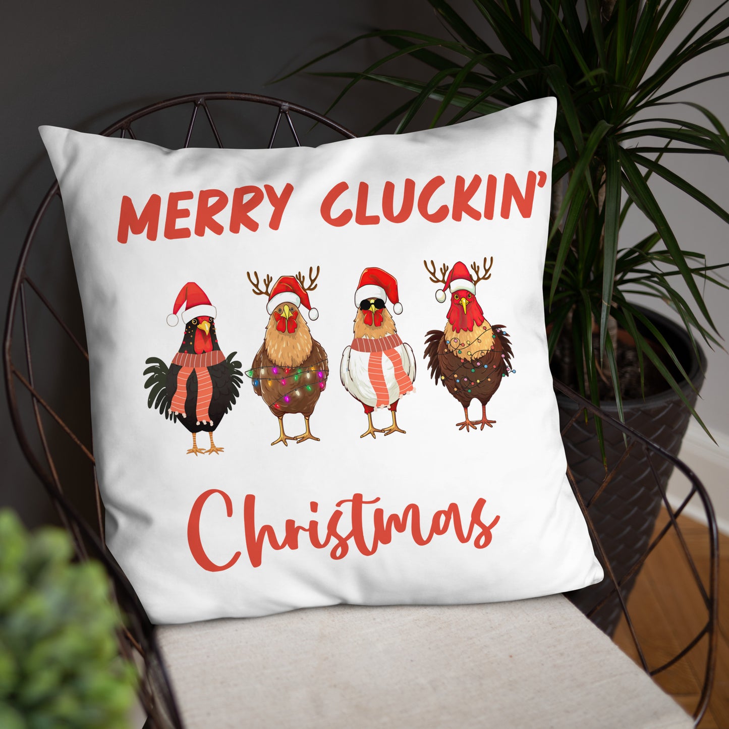 Merry Cluckin' Christmas Throw Pillow - Festive Holiday Home Decor in Various Sizes Featuring Charming Chicken Design