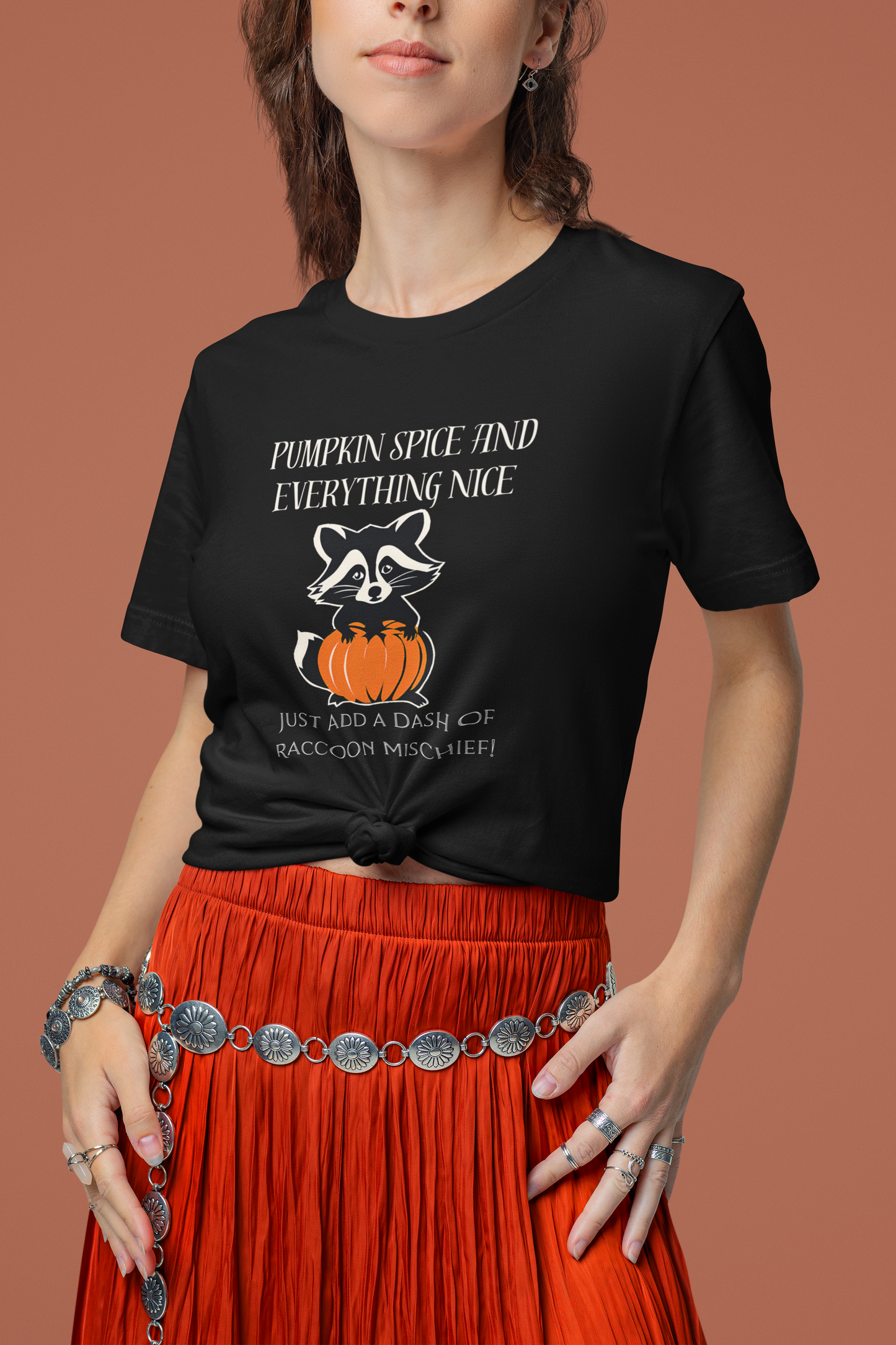 Pumpkin Spice and Everything Nice Add a Dash of Raccoon Mischief T-Shirt, Fall Graphic Tee