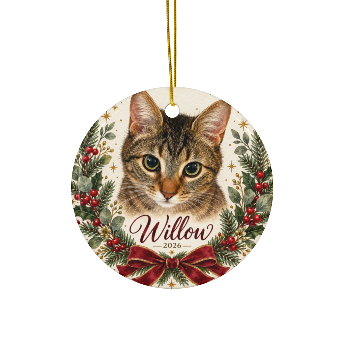Personalized Cat Christmas Ornament, Tabby Cat Tree Decor, Round Ceramic Pet Memorial Holiday Gift for Cat Lovers