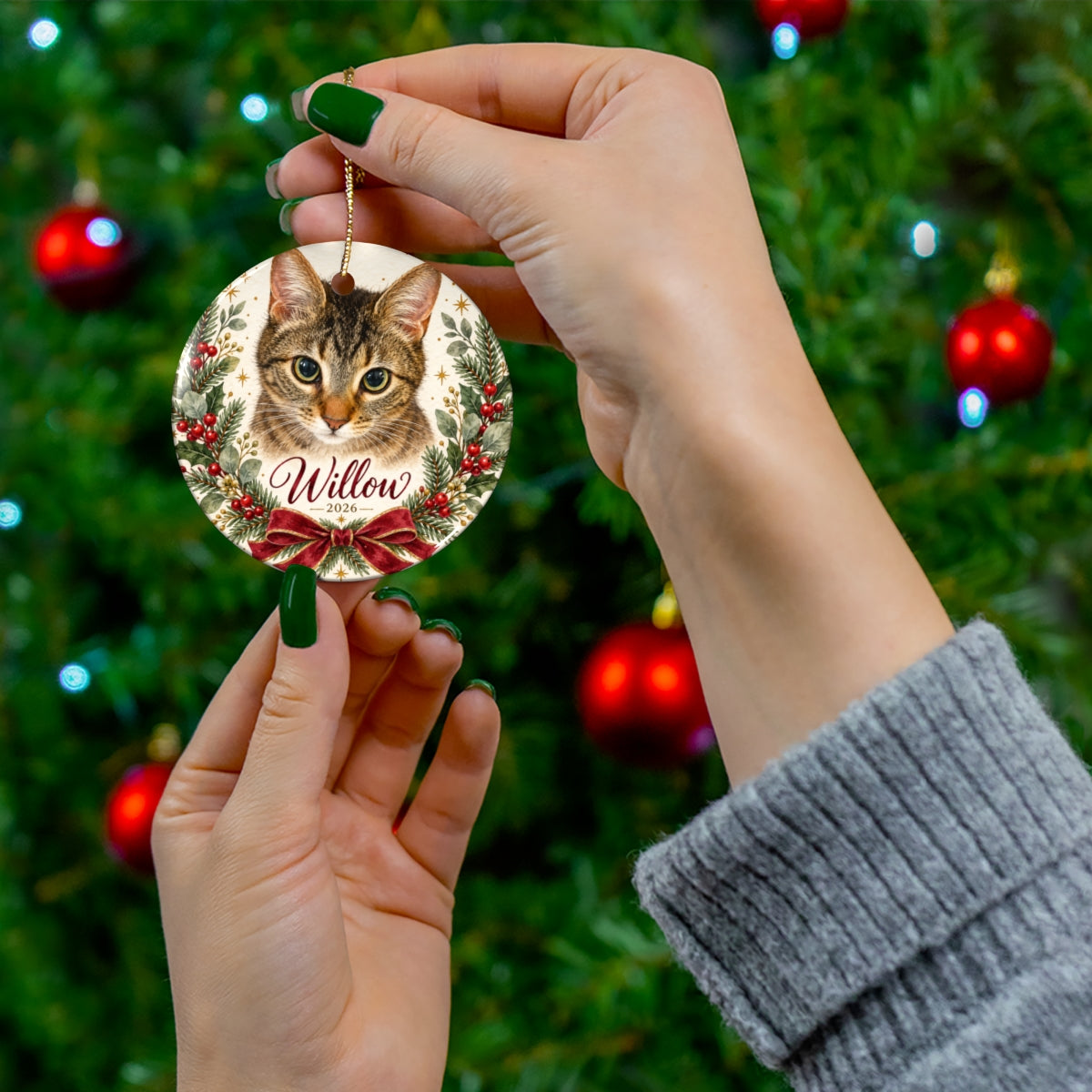 Personalized Cat Christmas Ornament, Tabby Cat Tree Decor, Round Ceramic Pet Memorial Holiday Gift for Cat Lovers