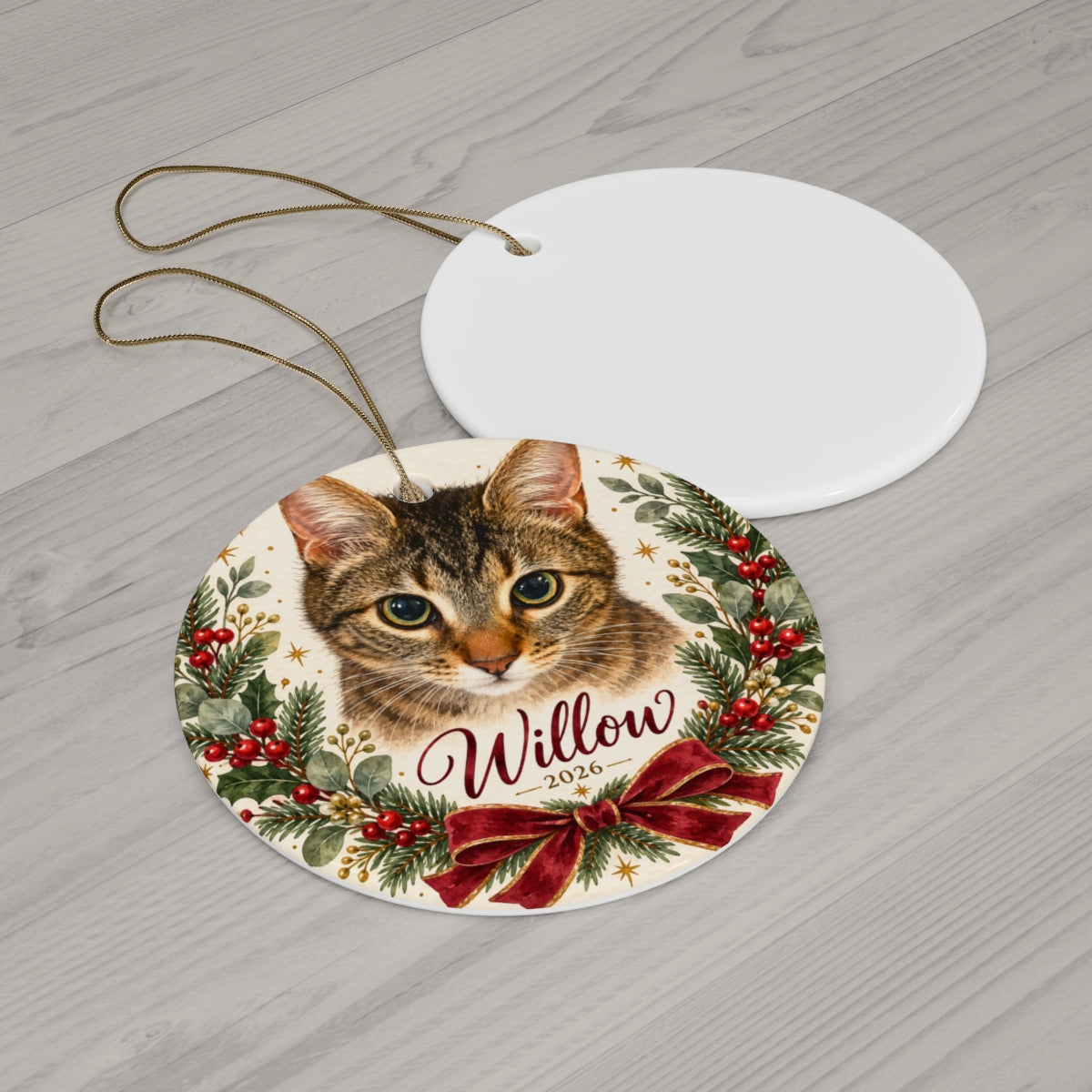 Personalized Cat Christmas Ornament, Tabby Cat Tree Decor, Round Ceramic Pet Memorial Holiday Gift for Cat Lovers
