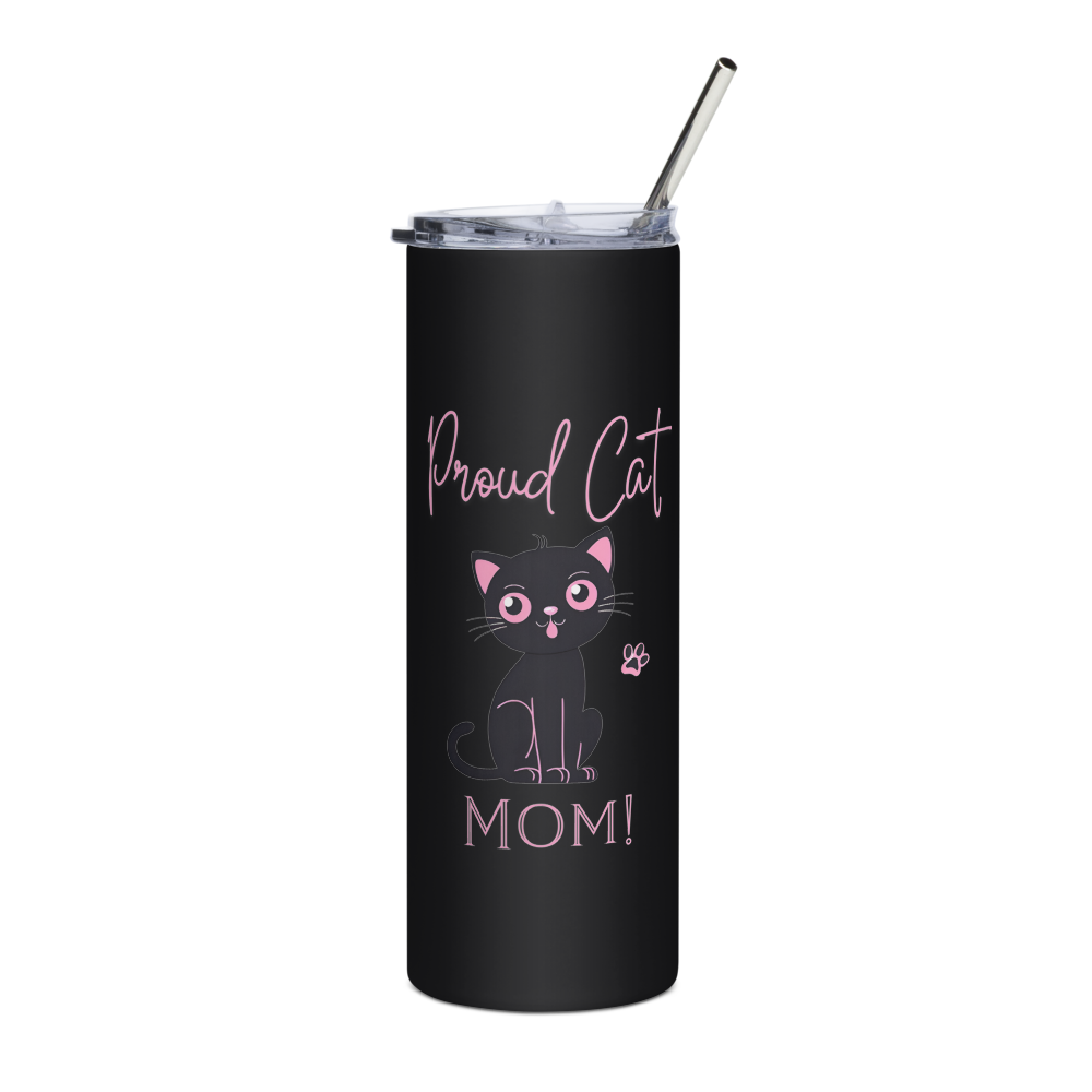 20oz Skinny Tumbler Proud Cat Mom  - Stainless Steel Cup With Lid And Straw